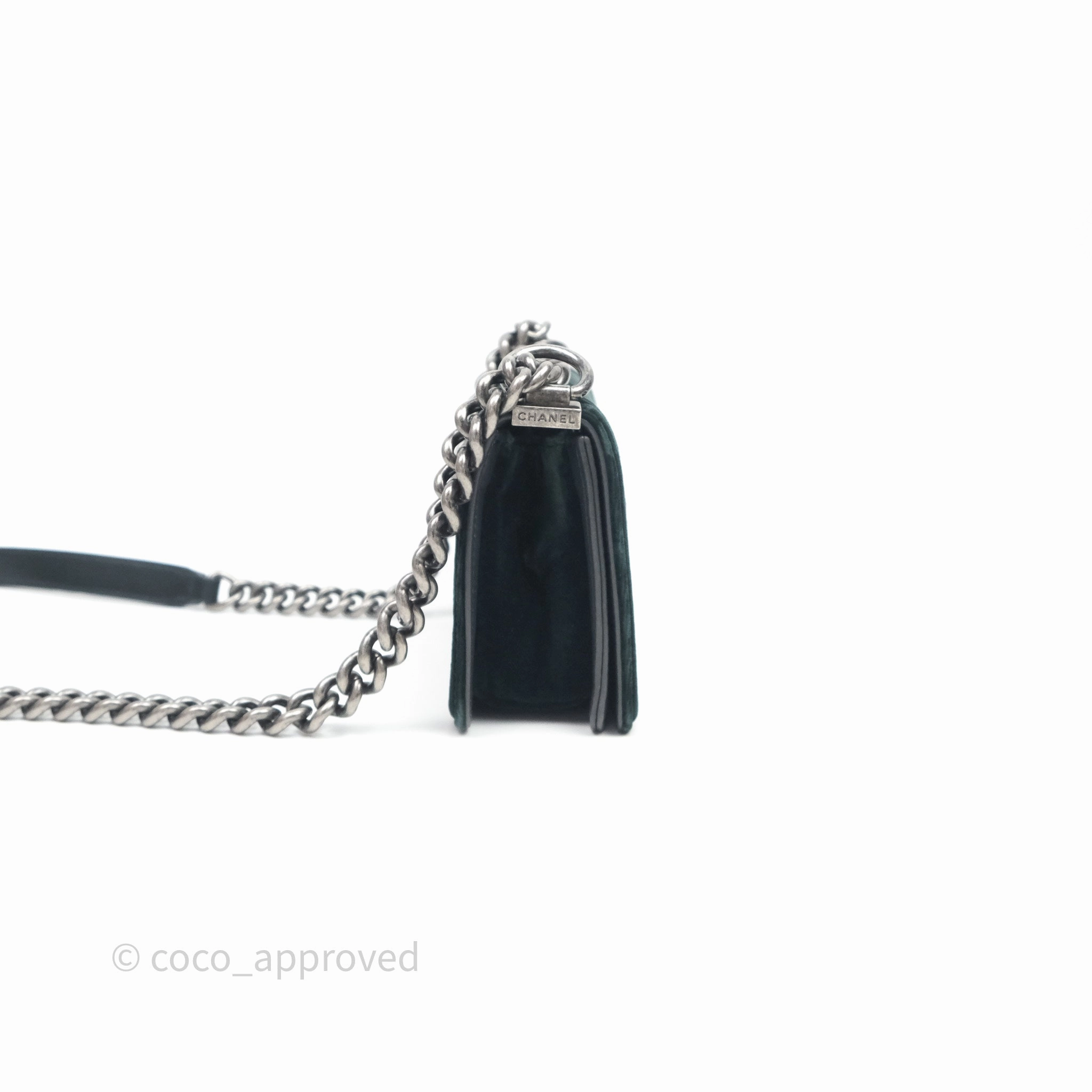 Chanel Small Boy Quilted Dark Green Velvet Ruthenium Hardware