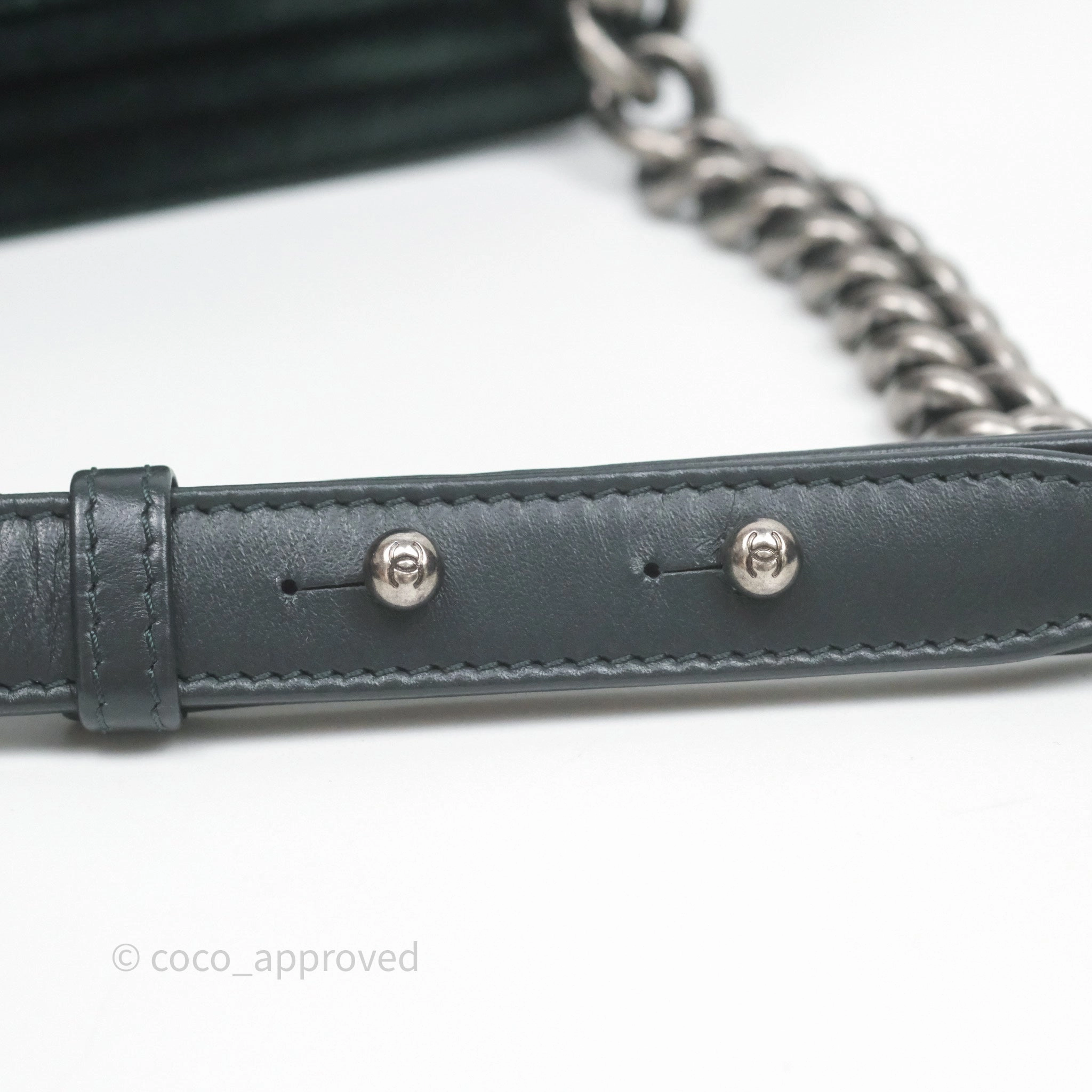 Chanel Small Boy Quilted Dark Green Velvet Ruthenium Hardware