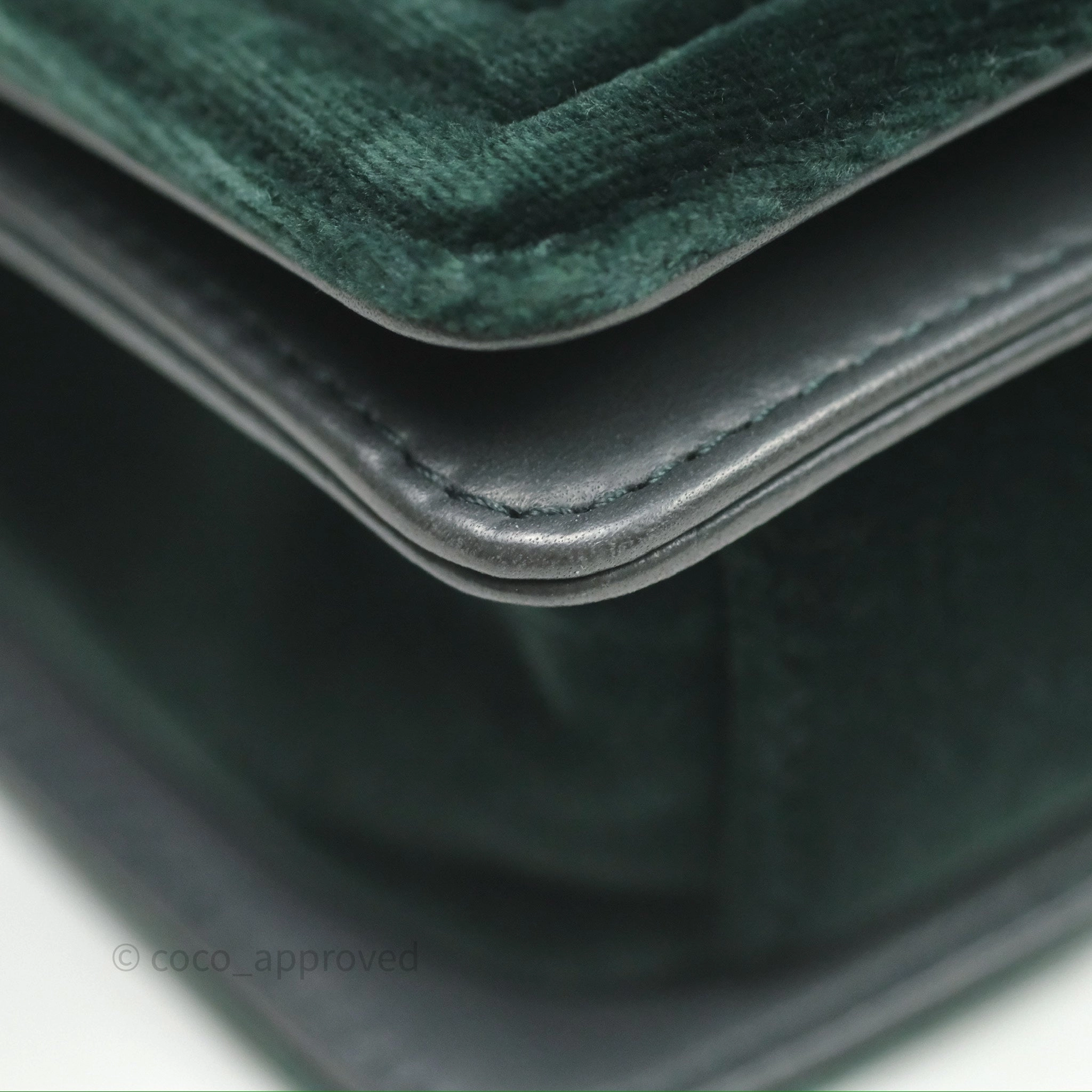 Chanel Small Boy Quilted Dark Green Velvet Ruthenium Hardware