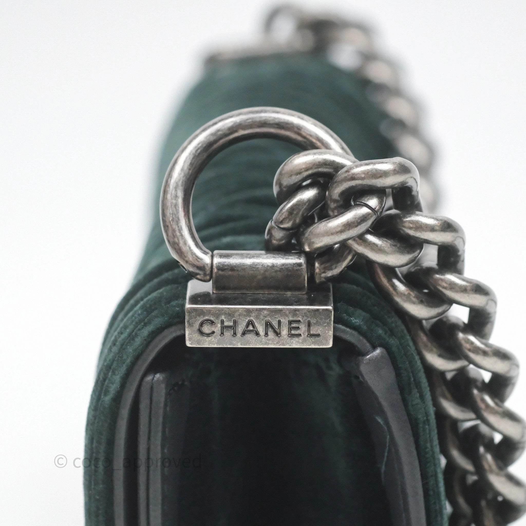 Chanel Small Boy Quilted Dark Green Velvet Ruthenium Hardware