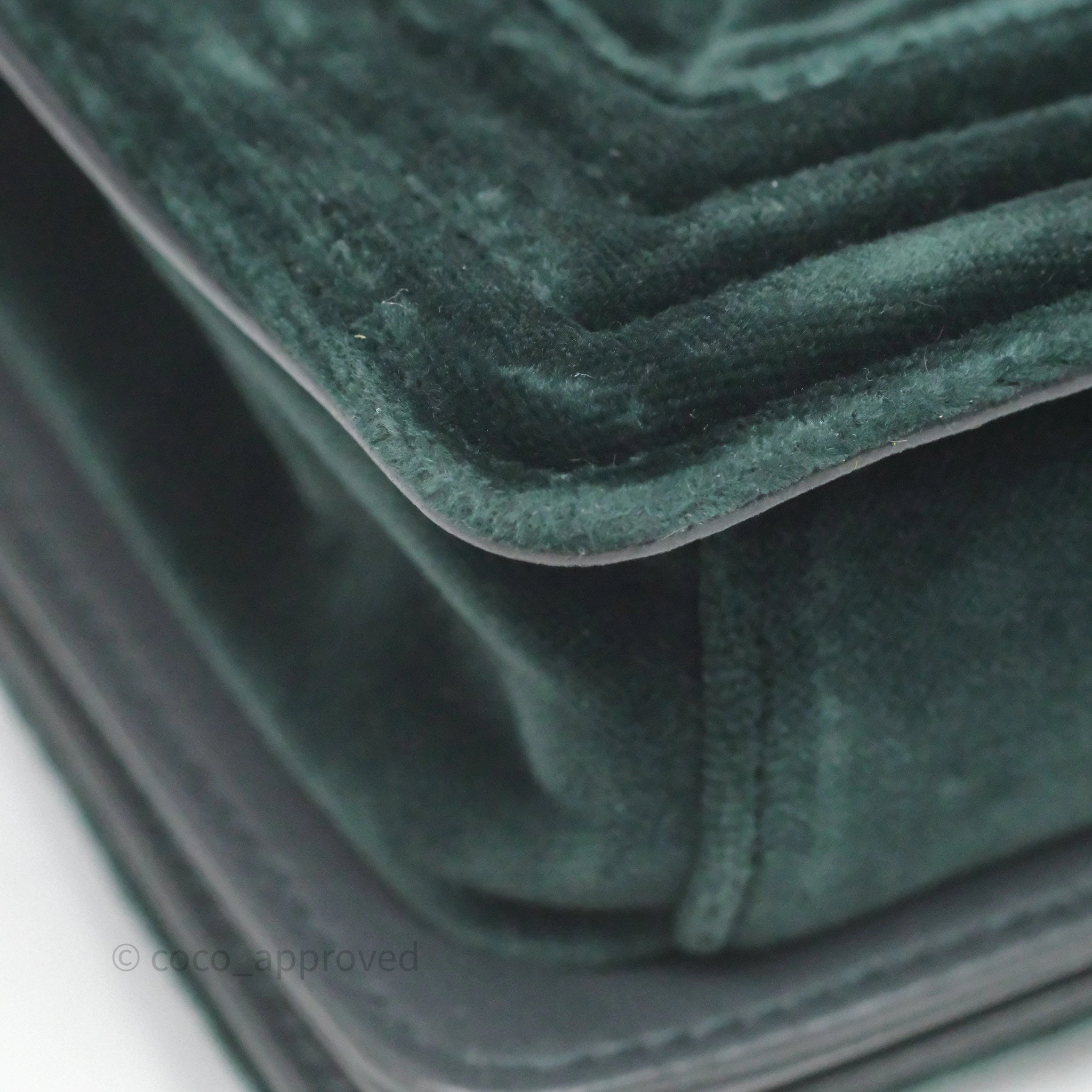 Chanel Small Boy Quilted Dark Green Velvet Ruthenium Hardware
