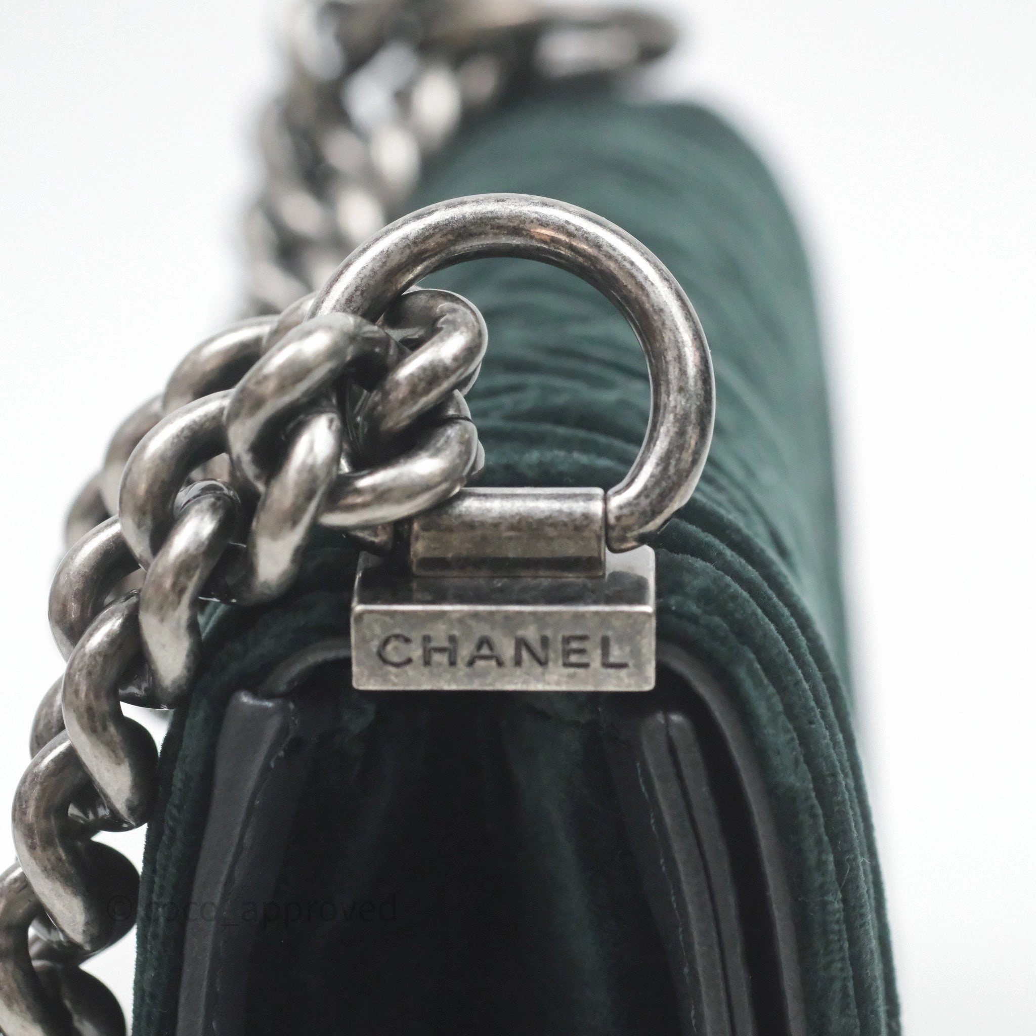 Chanel Small Boy Quilted Dark Green Velvet Ruthenium Hardware