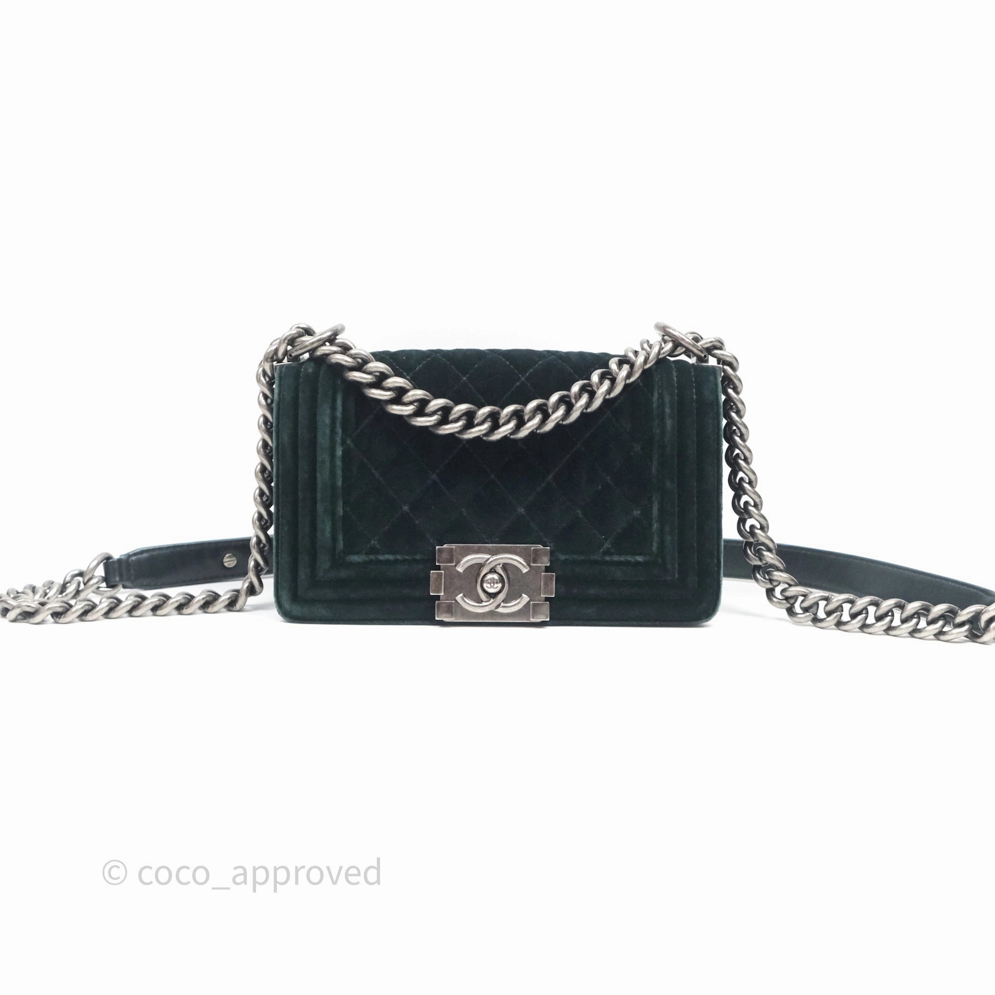 Chanel Small Boy Quilted Dark Green Velvet Ruthenium Hardware