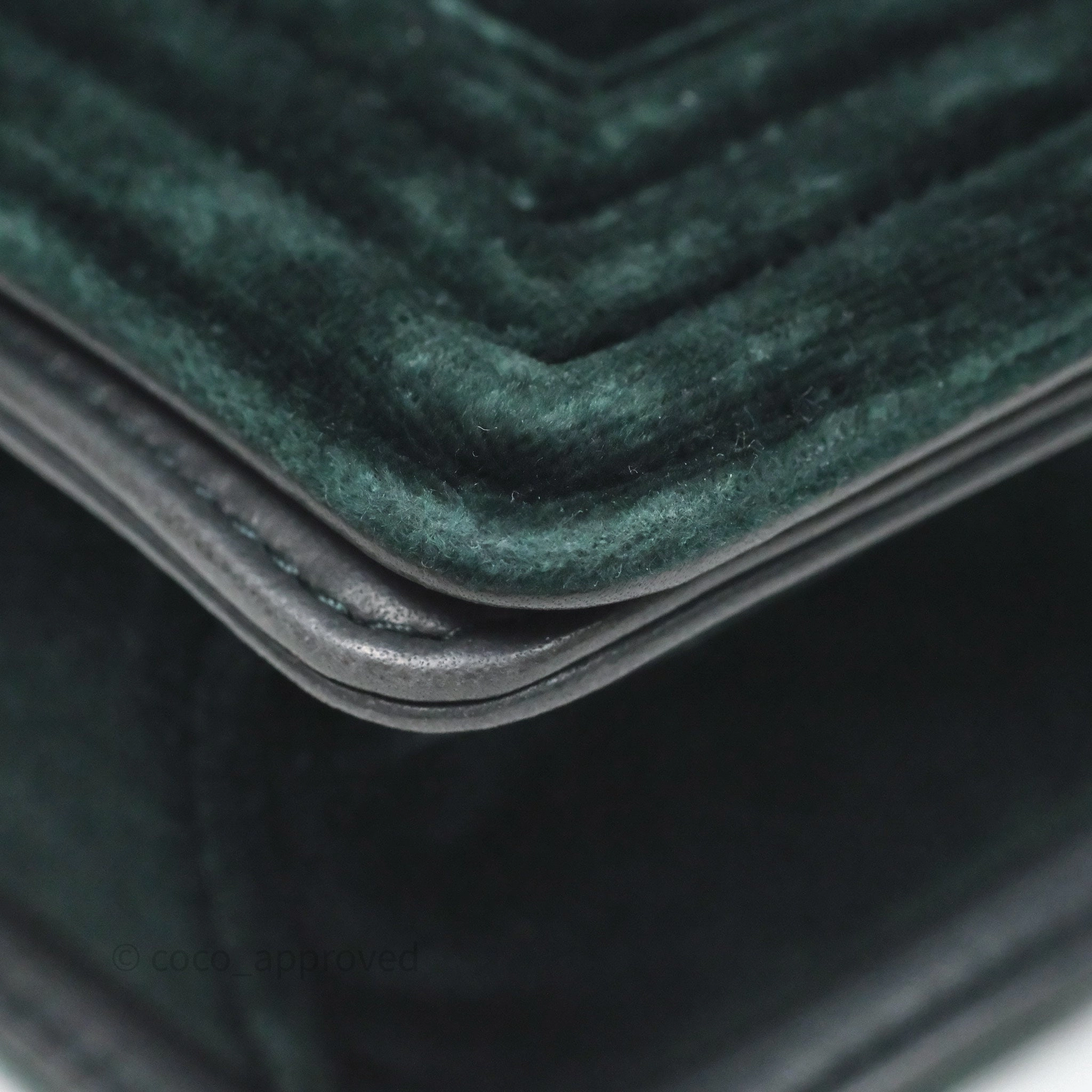 Chanel Small Boy Quilted Dark Green Velvet Ruthenium Hardware