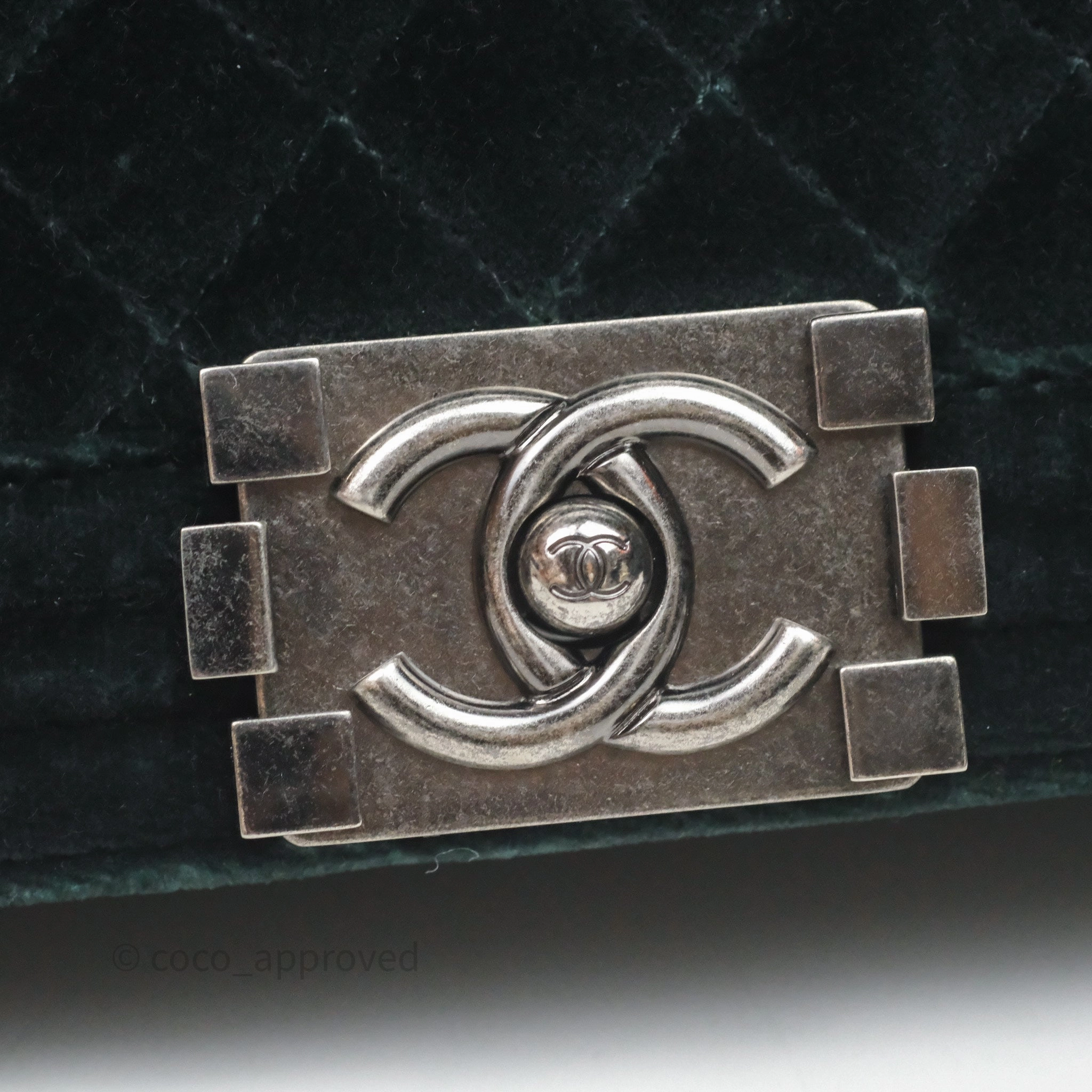 Chanel Small Boy Quilted Dark Green Velvet Ruthenium Hardware