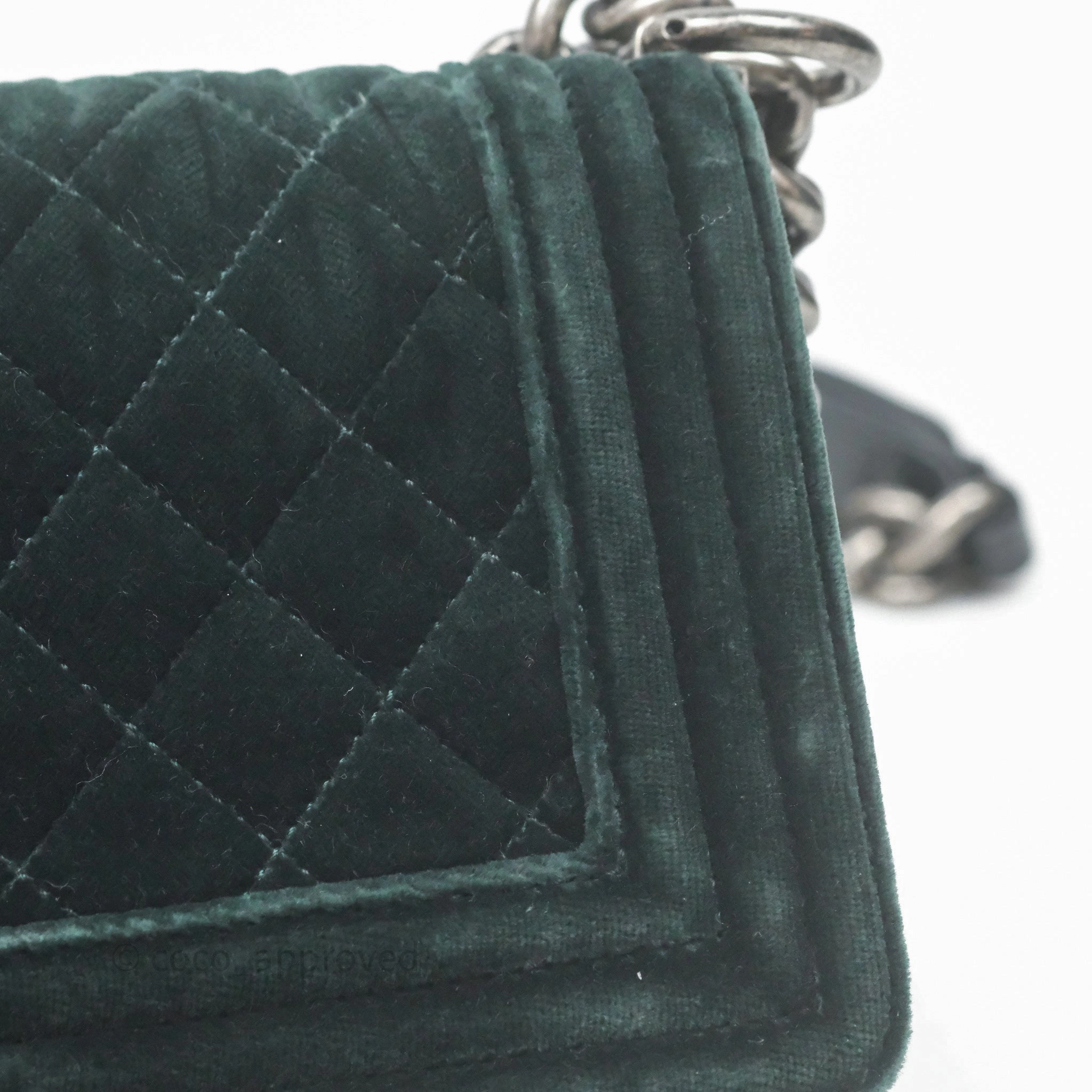 Chanel Small Boy Quilted Dark Green Velvet Ruthenium Hardware