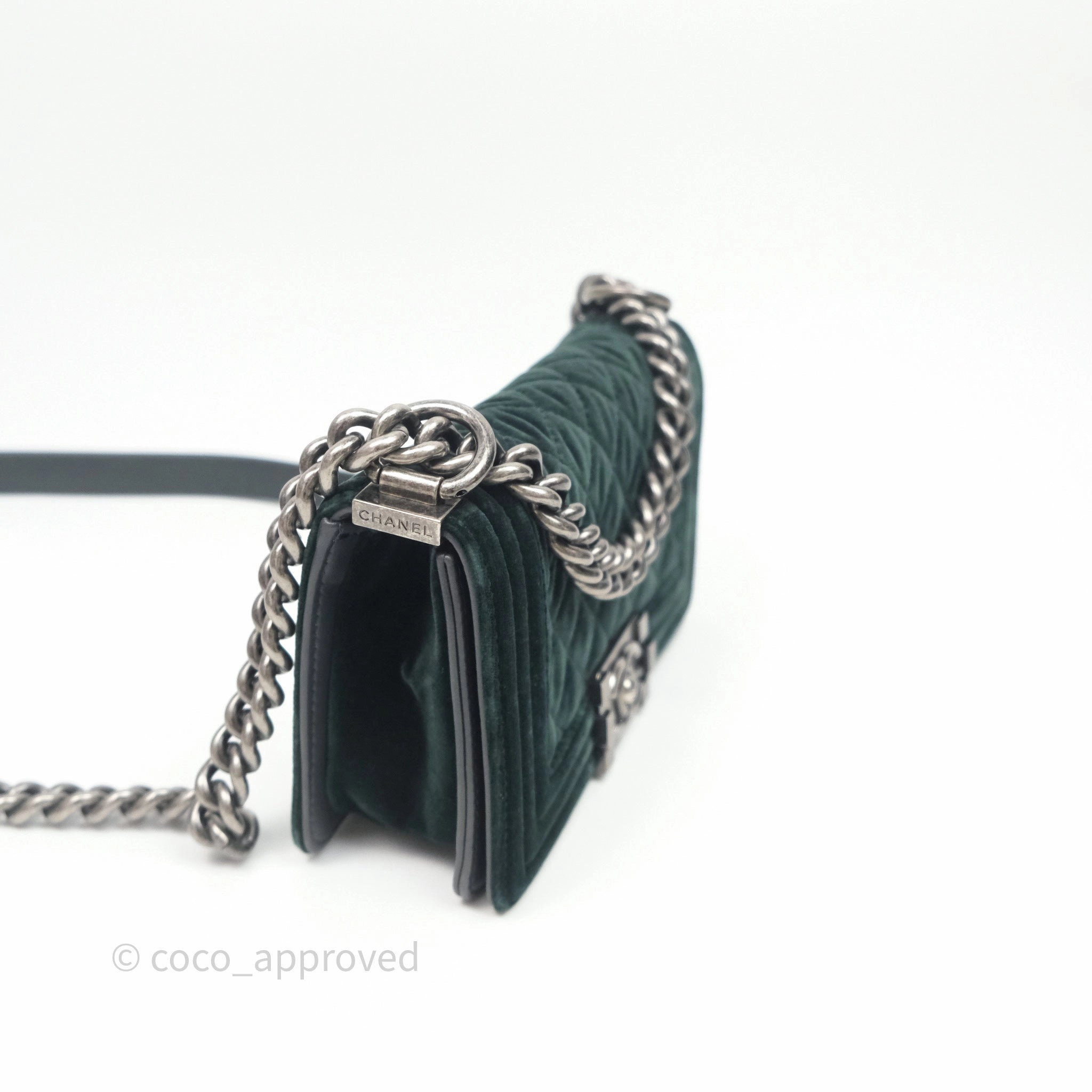 Chanel Small Boy Quilted Dark Green Velvet Ruthenium Hardware