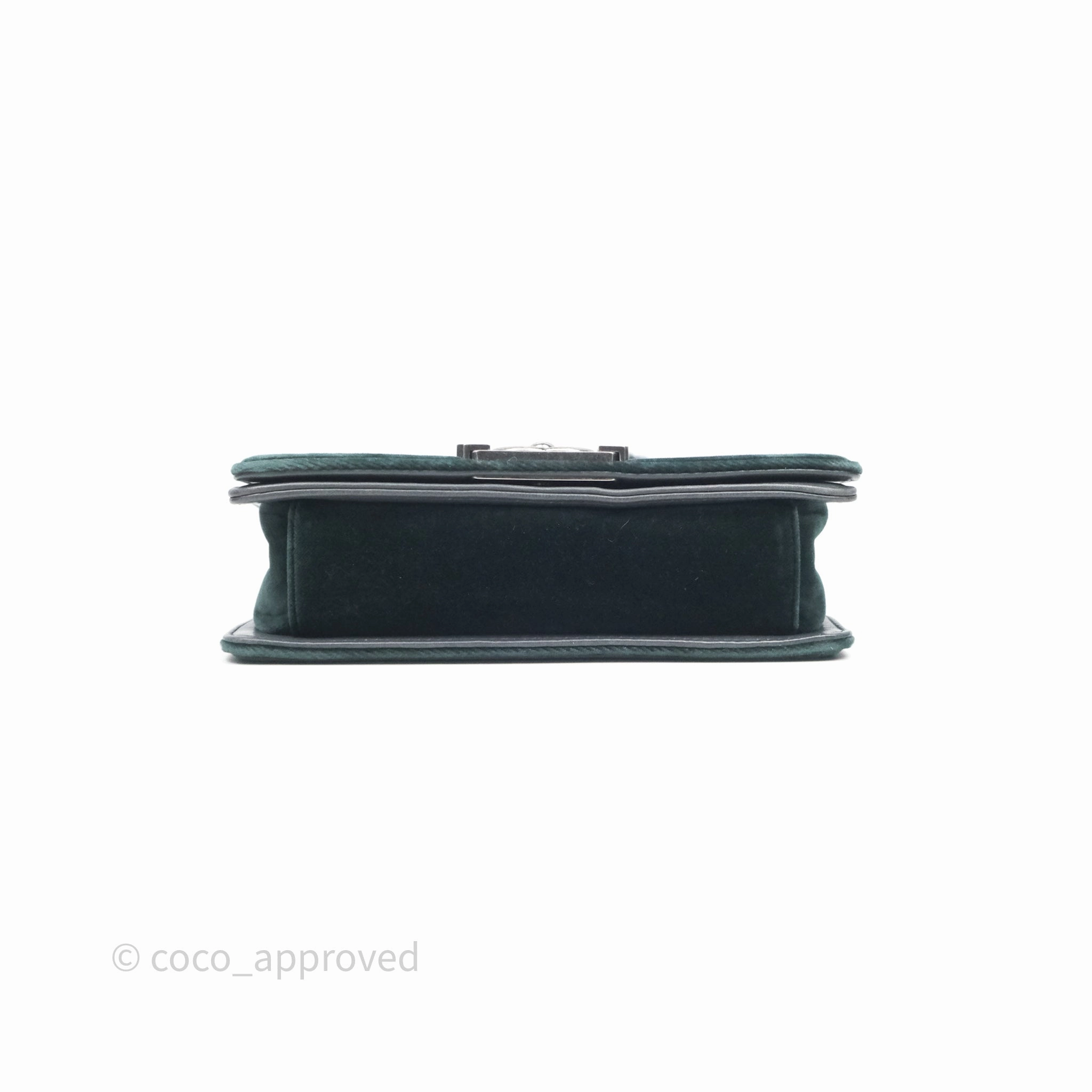 Chanel Small Boy Quilted Dark Green Velvet Ruthenium Hardware