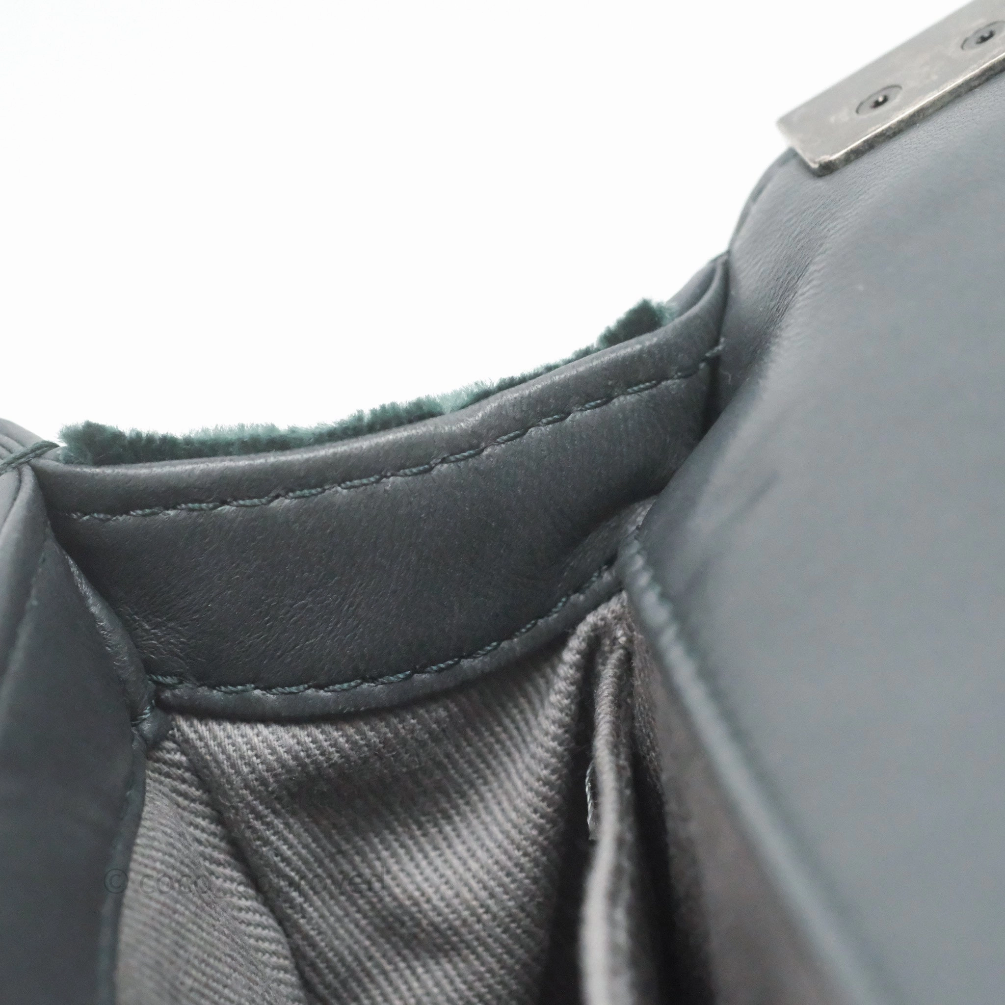 Chanel Small Boy Quilted Dark Green Velvet Ruthenium Hardware