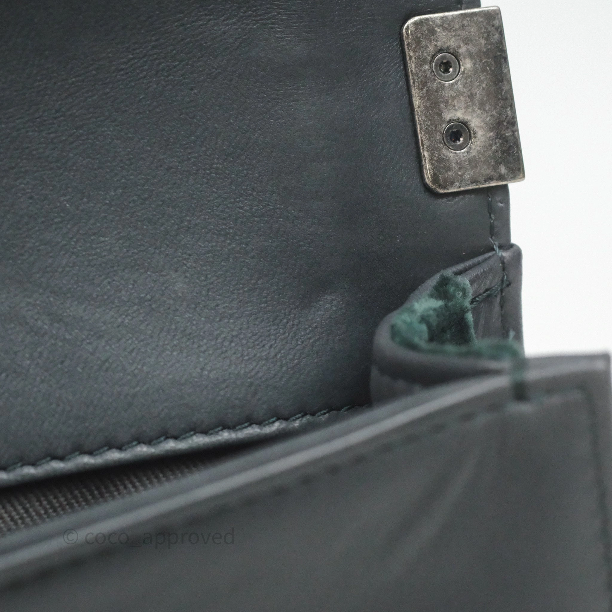 Chanel Small Boy Quilted Dark Green Velvet Ruthenium Hardware