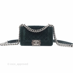 Chanel Small Boy Quilted Dark Green Velvet Ruthenium Hardware