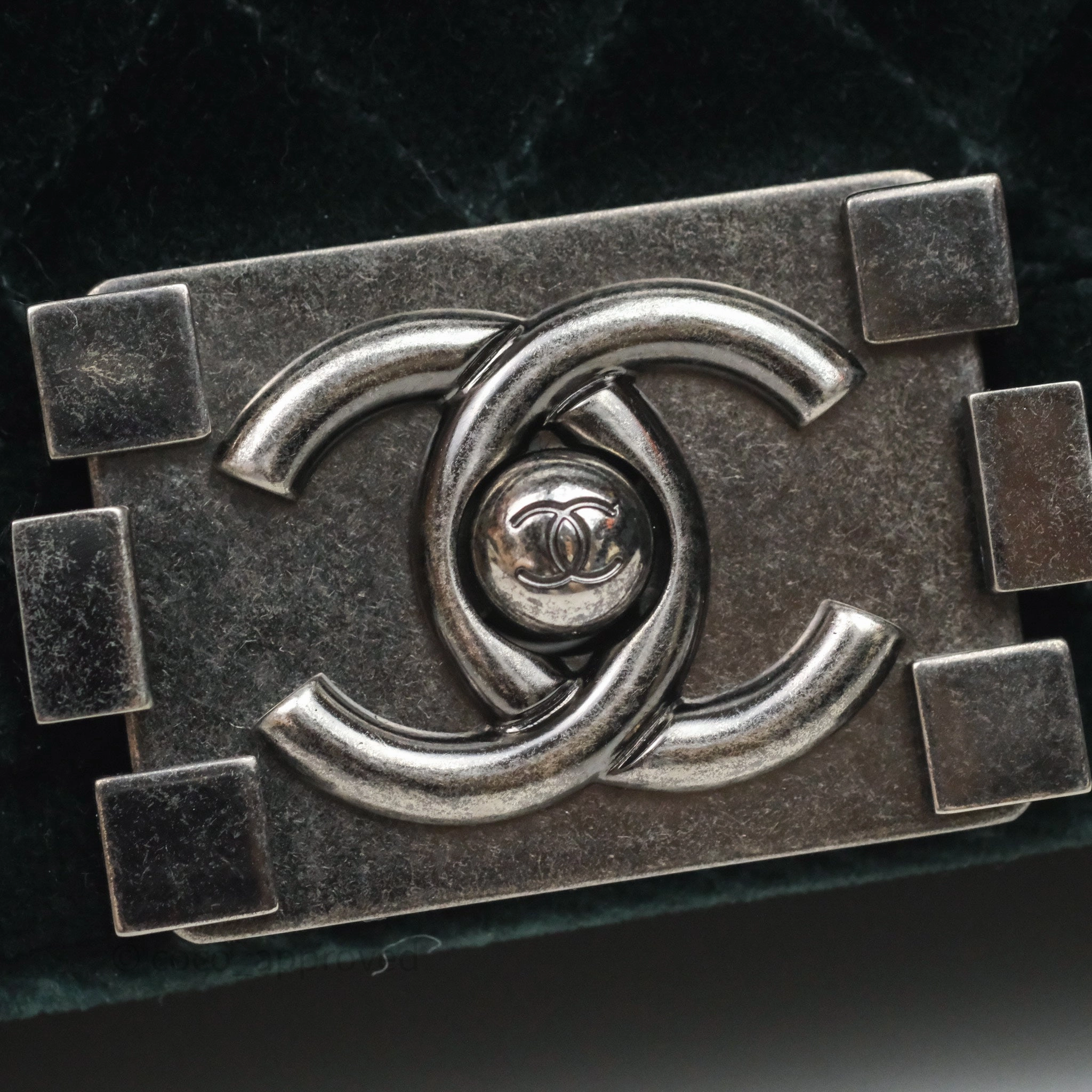 Chanel Small Boy Quilted Dark Green Velvet Ruthenium Hardware