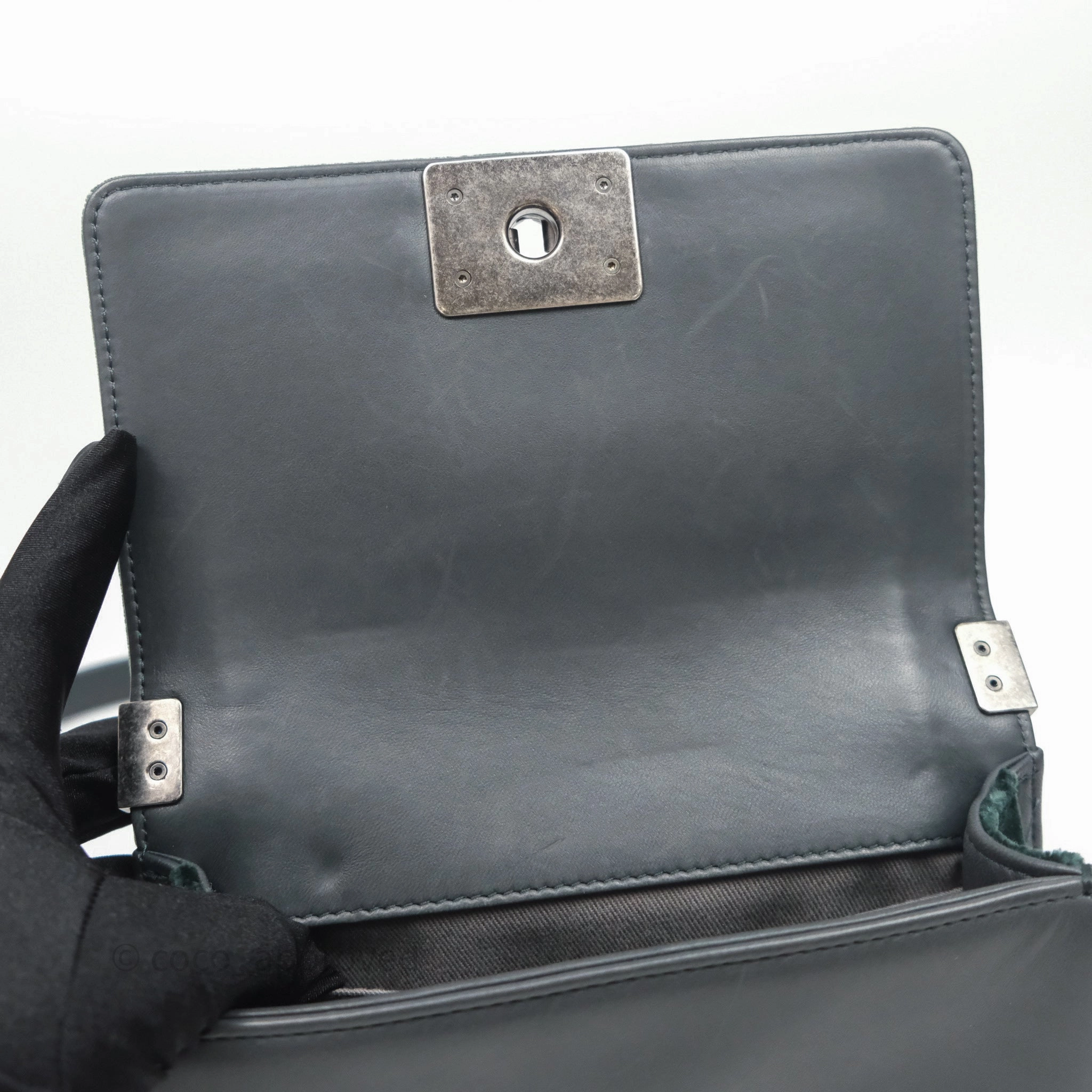 Chanel Small Boy Quilted Dark Green Velvet Ruthenium Hardware