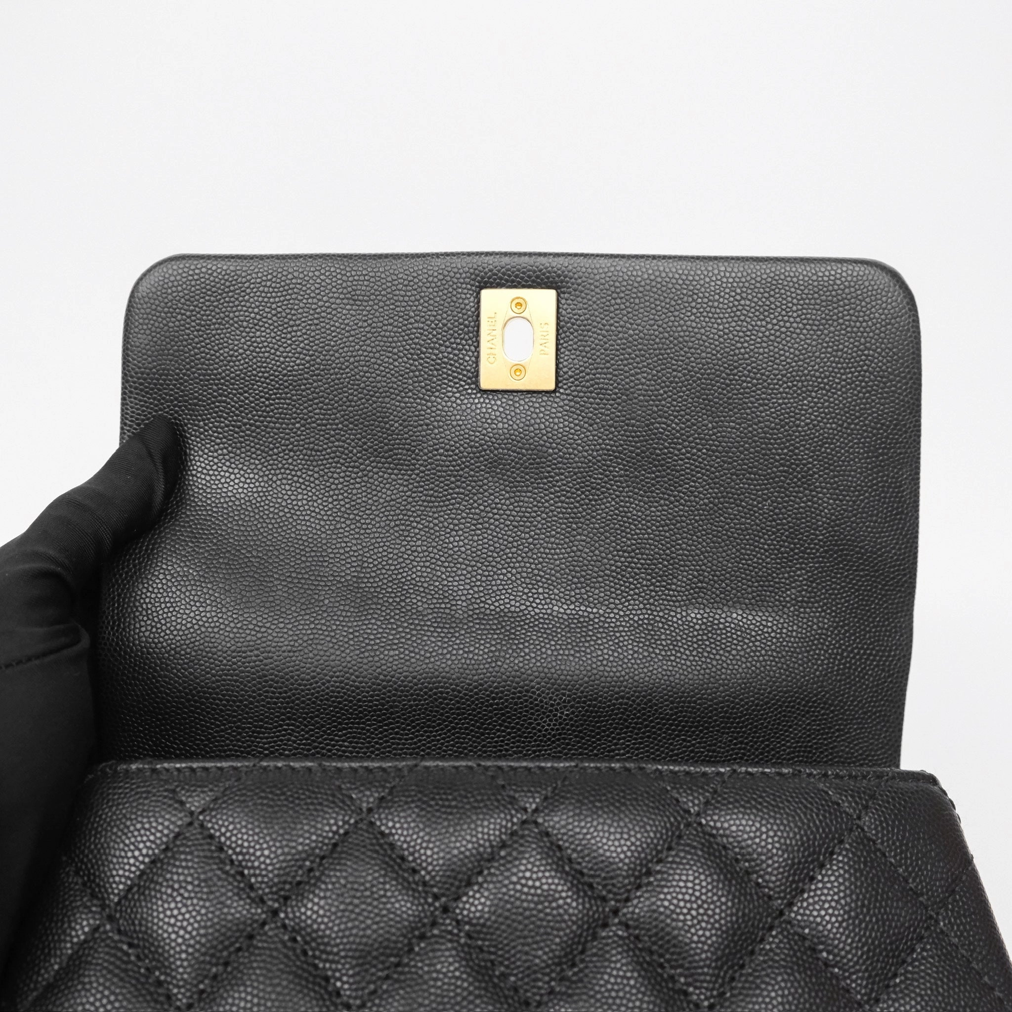 Chanel Small Coco Handle Black Caviar Gold Hardware Lizard Embossed Handle
