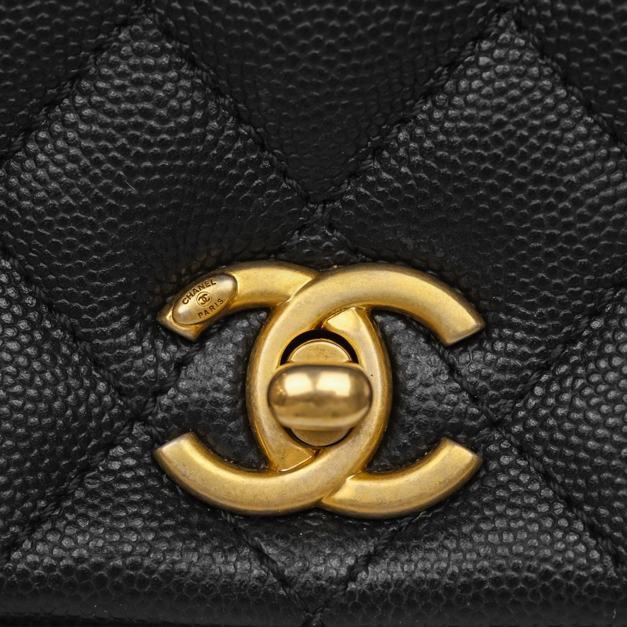 Chanel Small Coco Handle Black Caviar Gold Hardware Lizard Embossed Handle