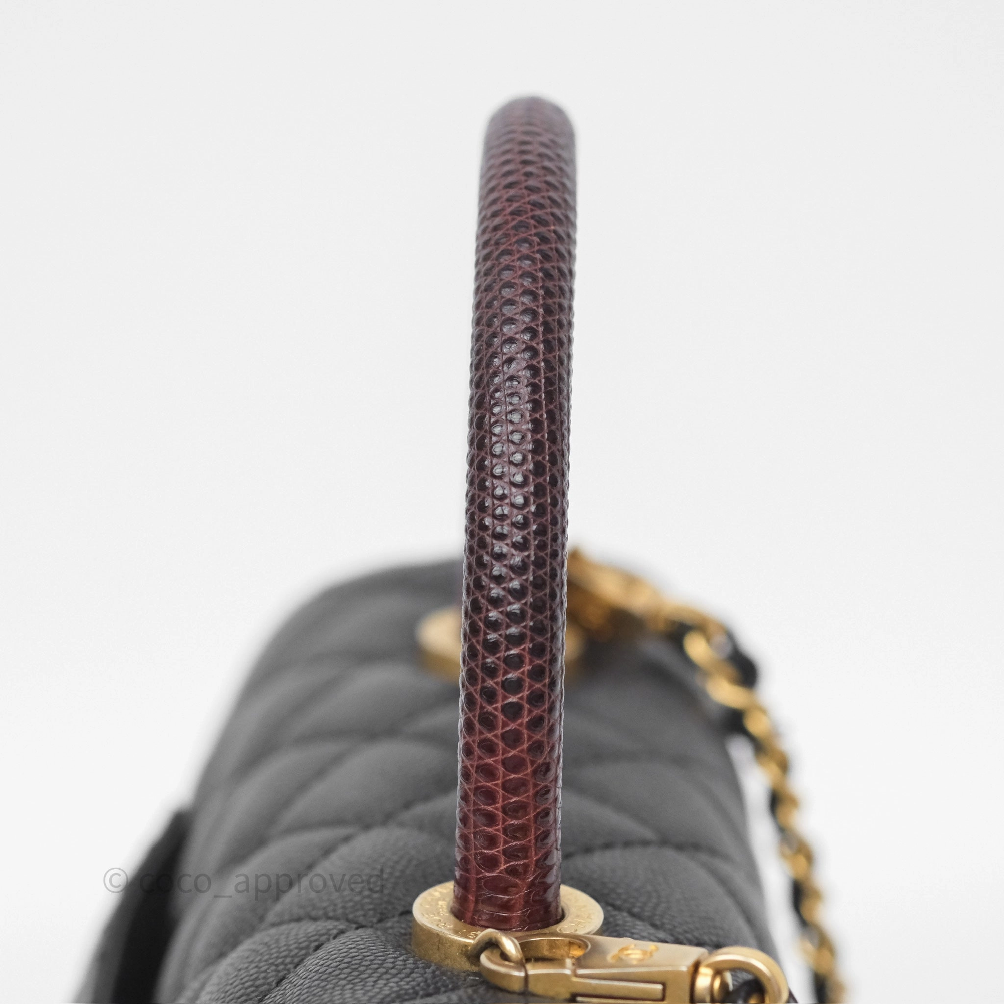 Chanel Small Coco Handle Black Caviar Gold Hardware Lizard Embossed Handle