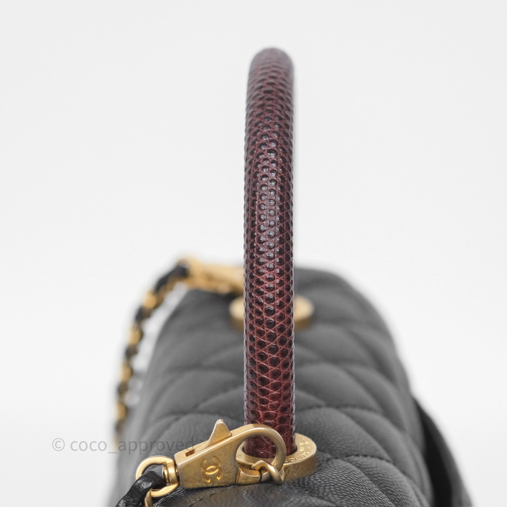 Chanel Small Coco Handle Black Caviar Gold Hardware Lizard Embossed Handle