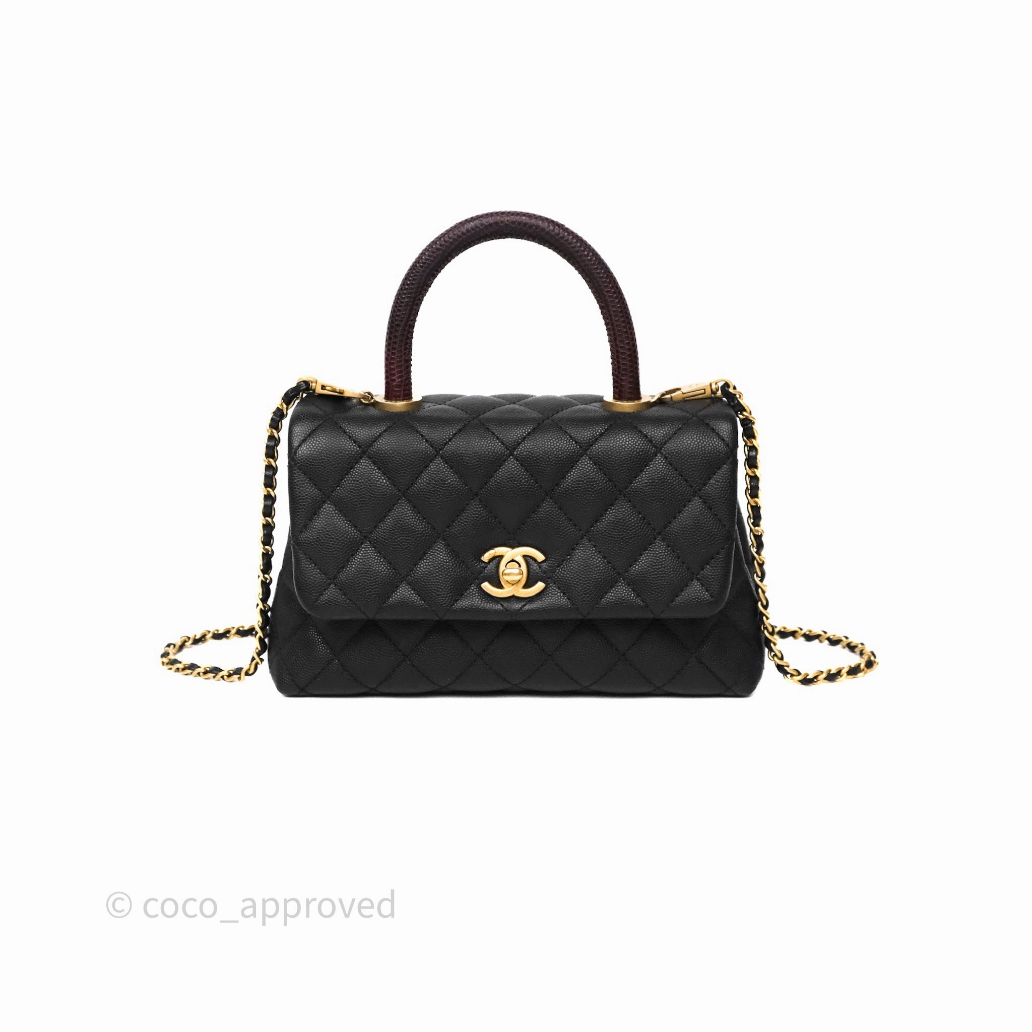 Chanel Small Coco Handle Black Caviar Gold Hardware Lizard Embossed Handle
