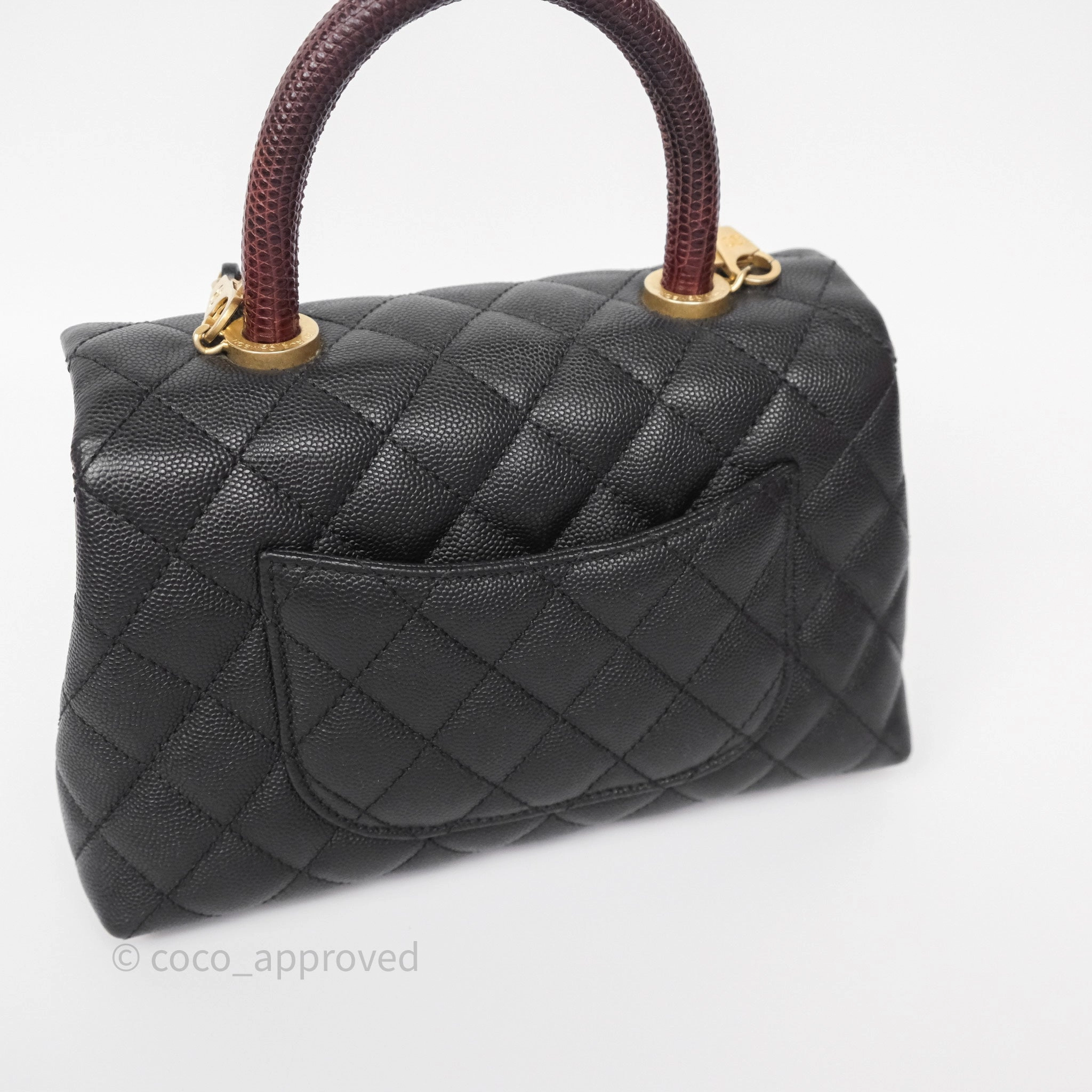 Chanel Small Coco Handle Black Caviar Gold Hardware Lizard Embossed Handle