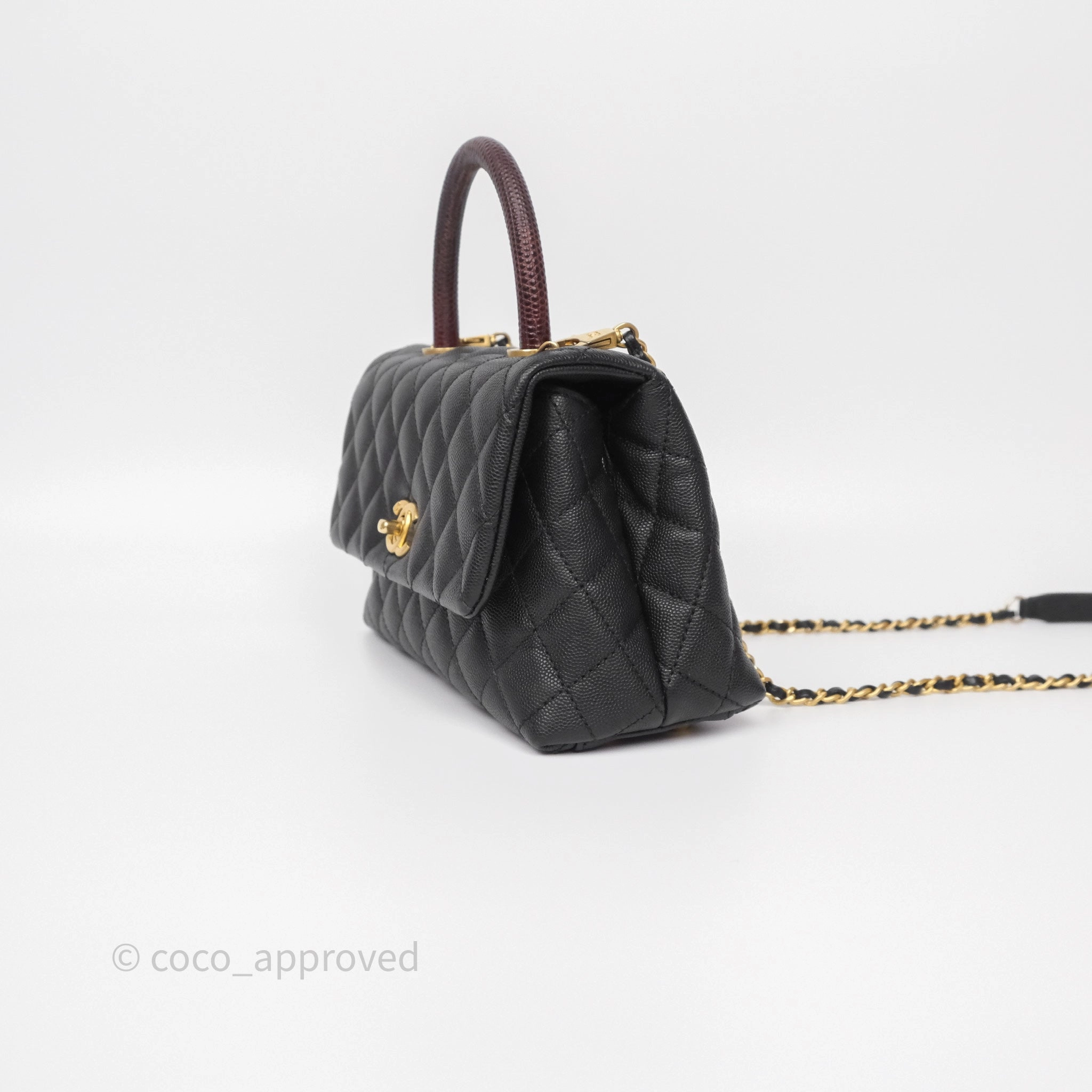Chanel Small Coco Handle Black Caviar Gold Hardware Lizard Embossed Handle