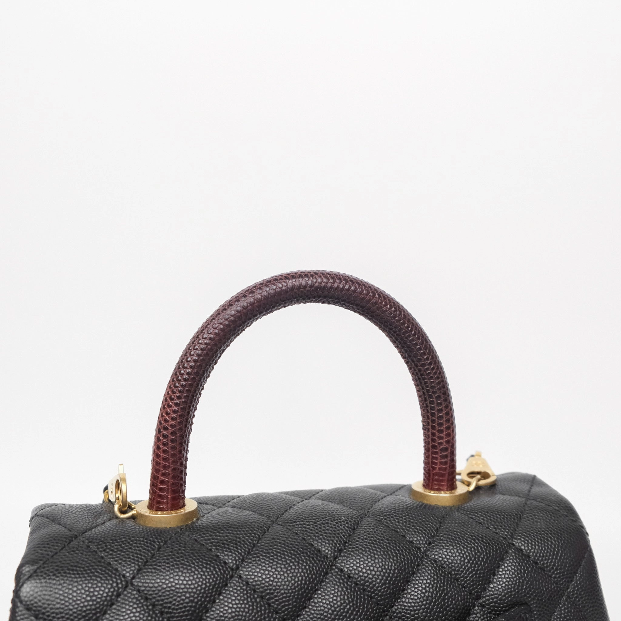 Chanel Small Coco Handle Black Caviar Gold Hardware Lizard Embossed Handle