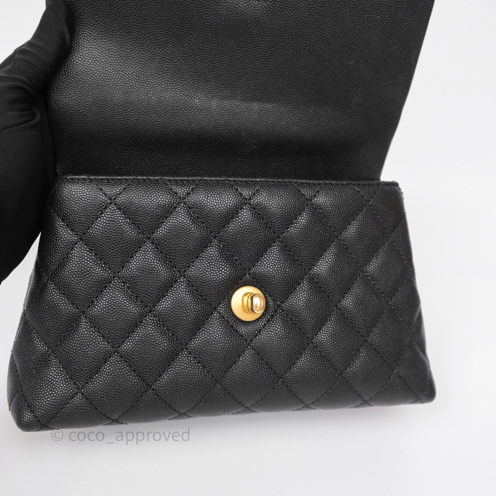 Chanel Small Coco Handle Black Caviar Gold Hardware Lizard Embossed Handle