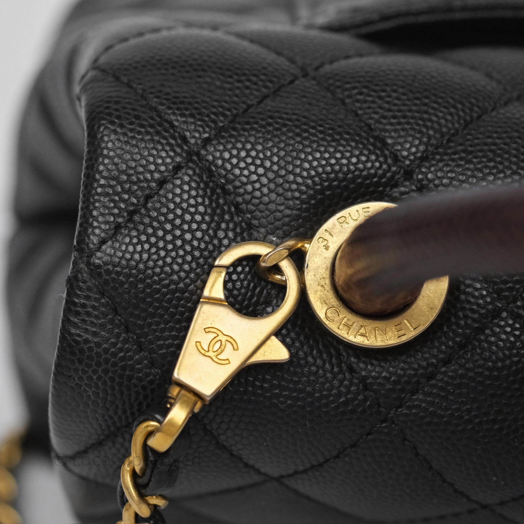 Chanel Small Coco Handle Black Caviar Gold Hardware Lizard Embossed Handle