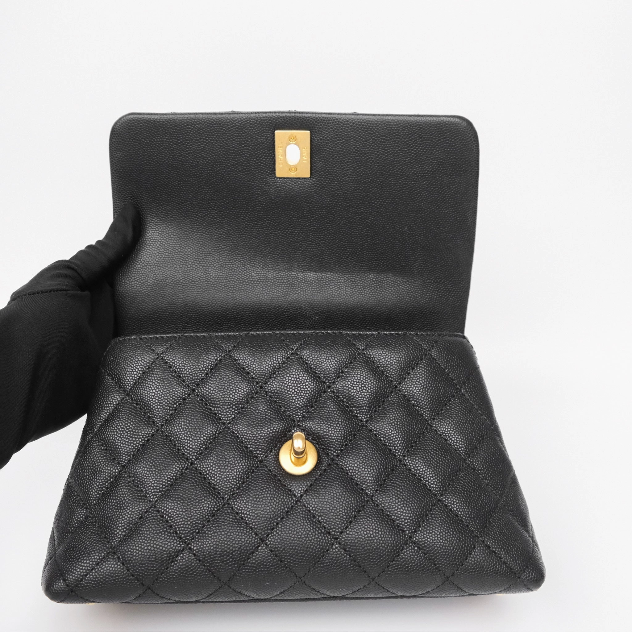 Chanel Small Coco Handle Black Caviar Gold Hardware Lizard Embossed Handle
