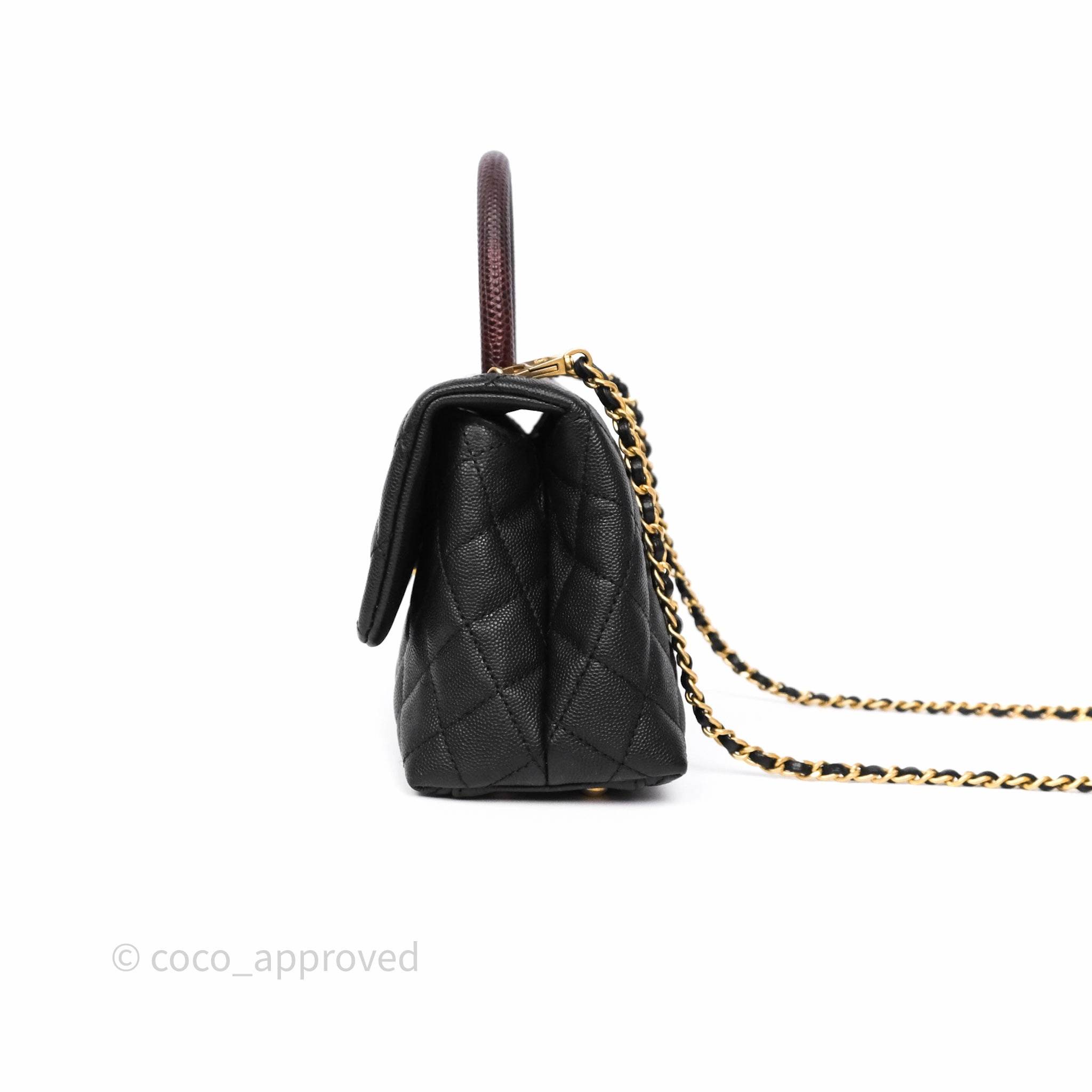 Chanel Small Coco Handle Black Caviar Gold Hardware Lizard Embossed Handle