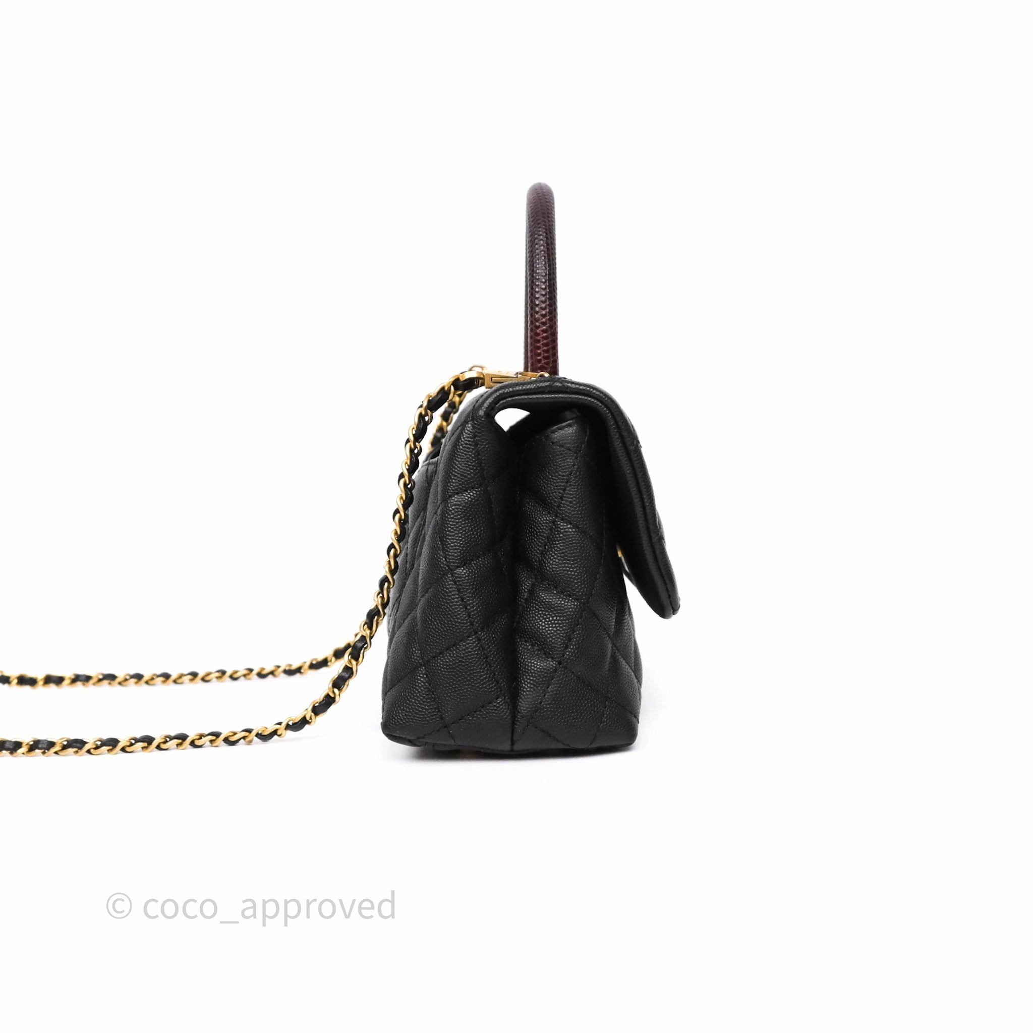 Chanel Small Coco Handle Black Caviar Gold Hardware Lizard Embossed Handle