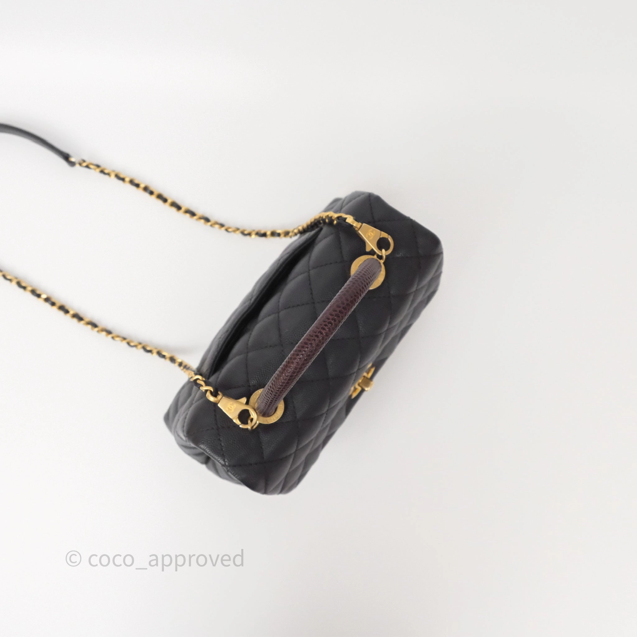 Chanel Small Coco Handle Black Caviar Gold Hardware Lizard Embossed Handle