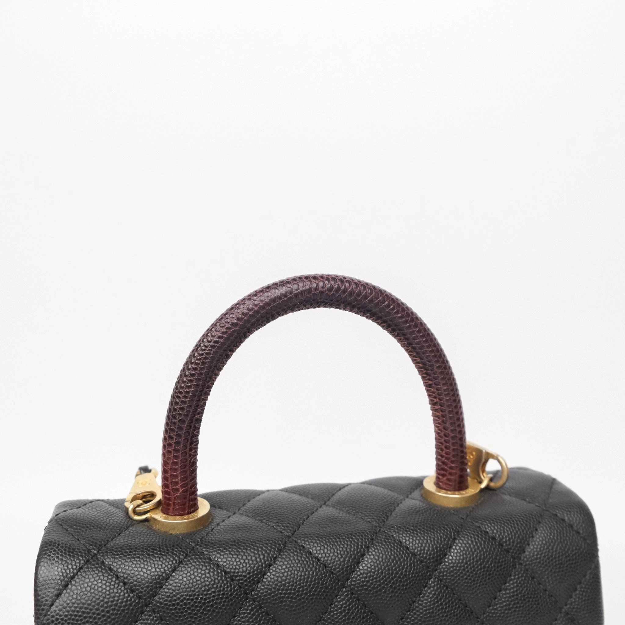 Chanel Small Coco Handle Black Caviar Gold Hardware Lizard Embossed Handle