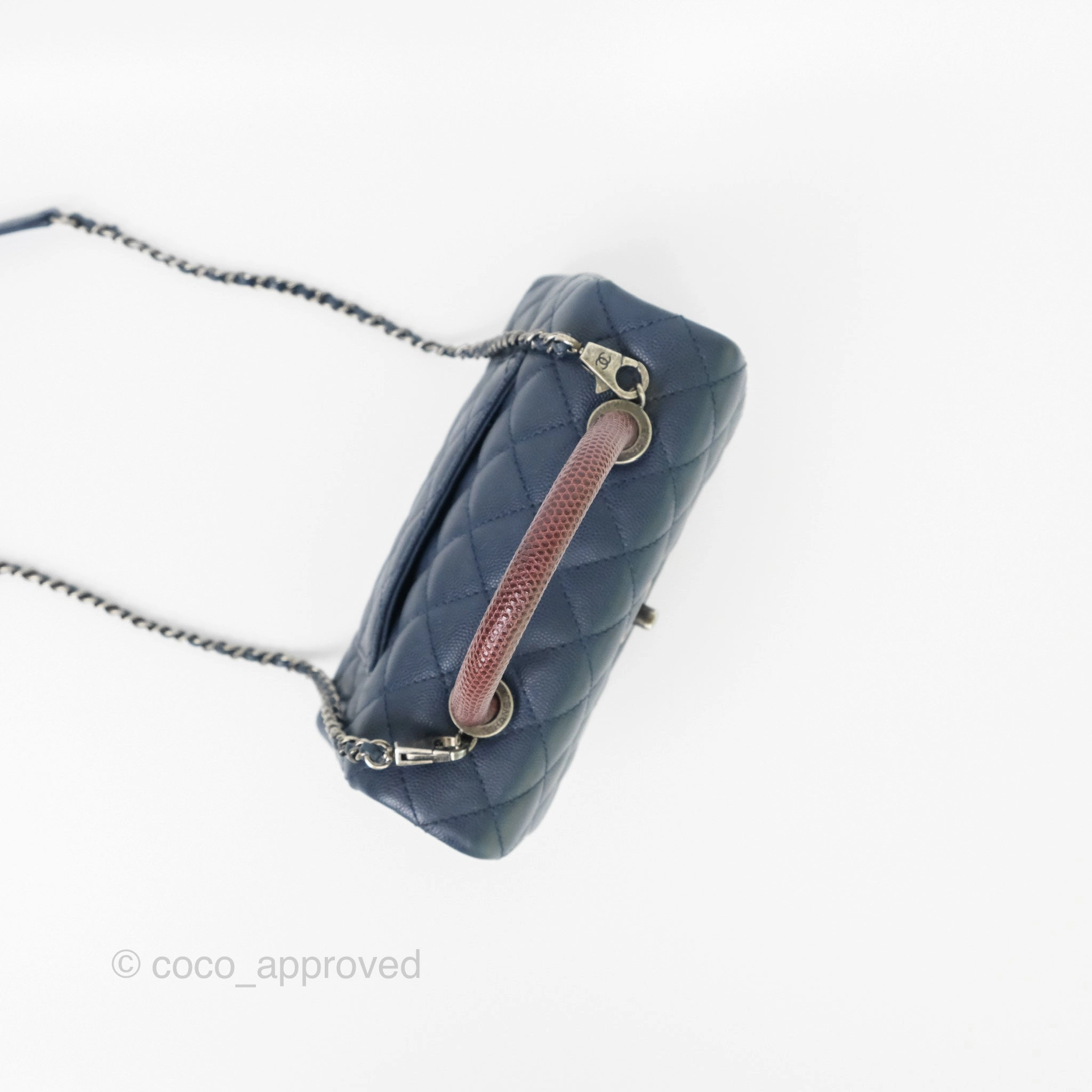 Chanel Small Coco Handle Navy Caviar Ruthenium Hardware Lizard Handle