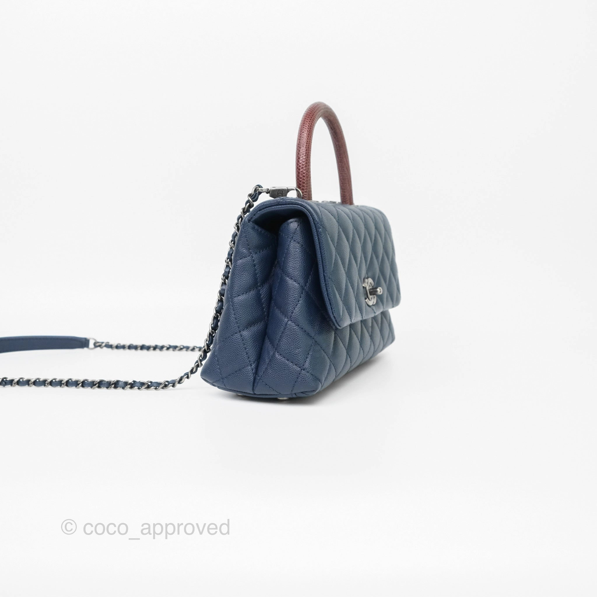Chanel Small Coco Handle Navy Caviar Ruthenium Hardware Lizard Handle