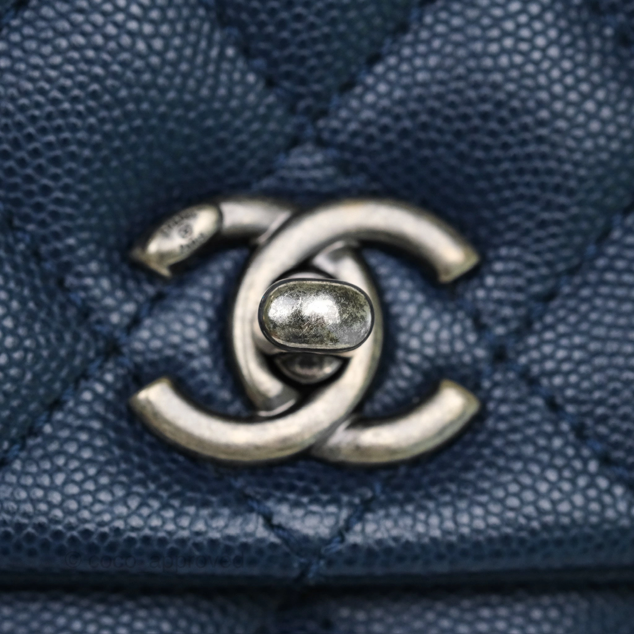 Chanel Small Coco Handle Navy Caviar Ruthenium Hardware Lizard Handle