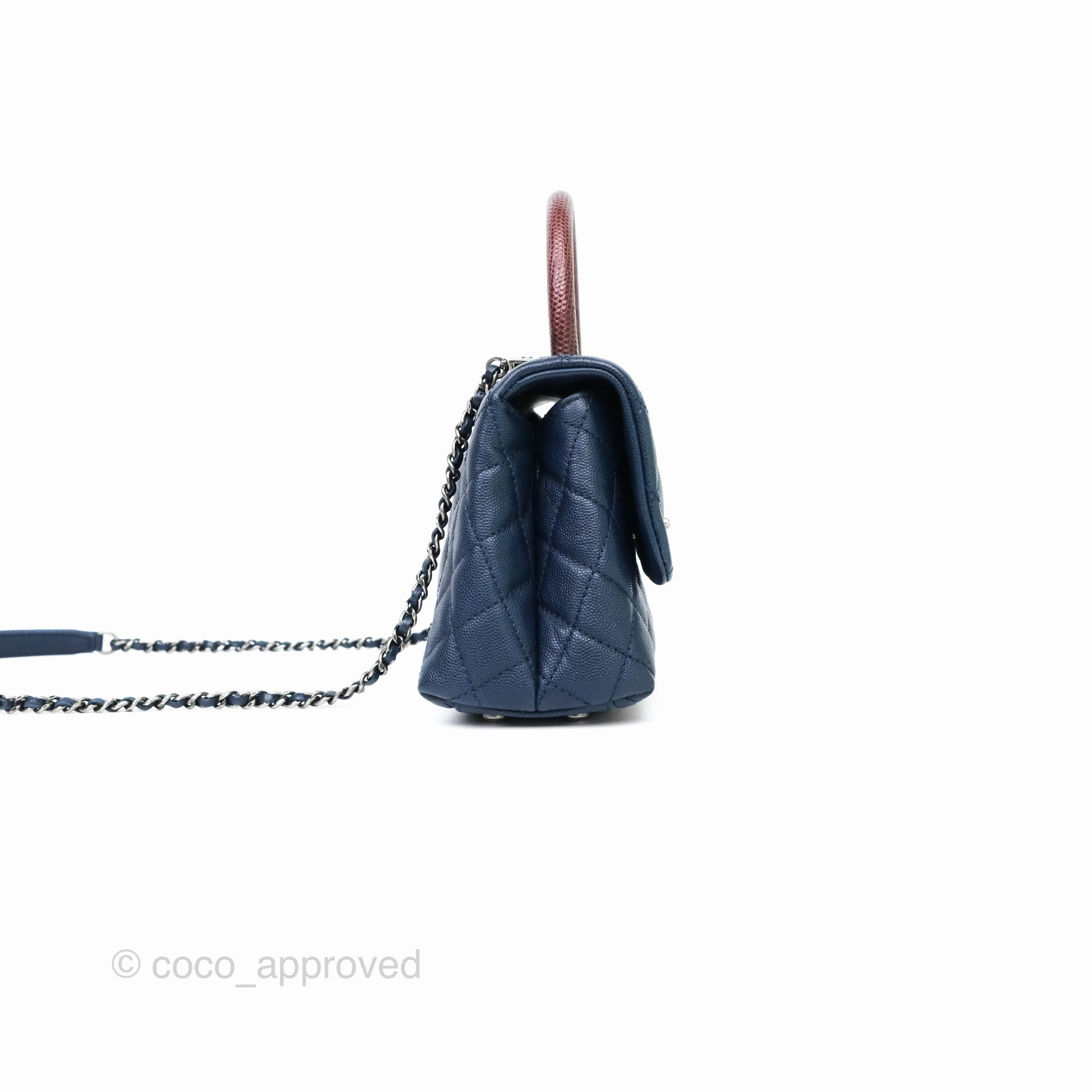 Chanel Small Coco Handle Navy Caviar Ruthenium Hardware Lizard Handle