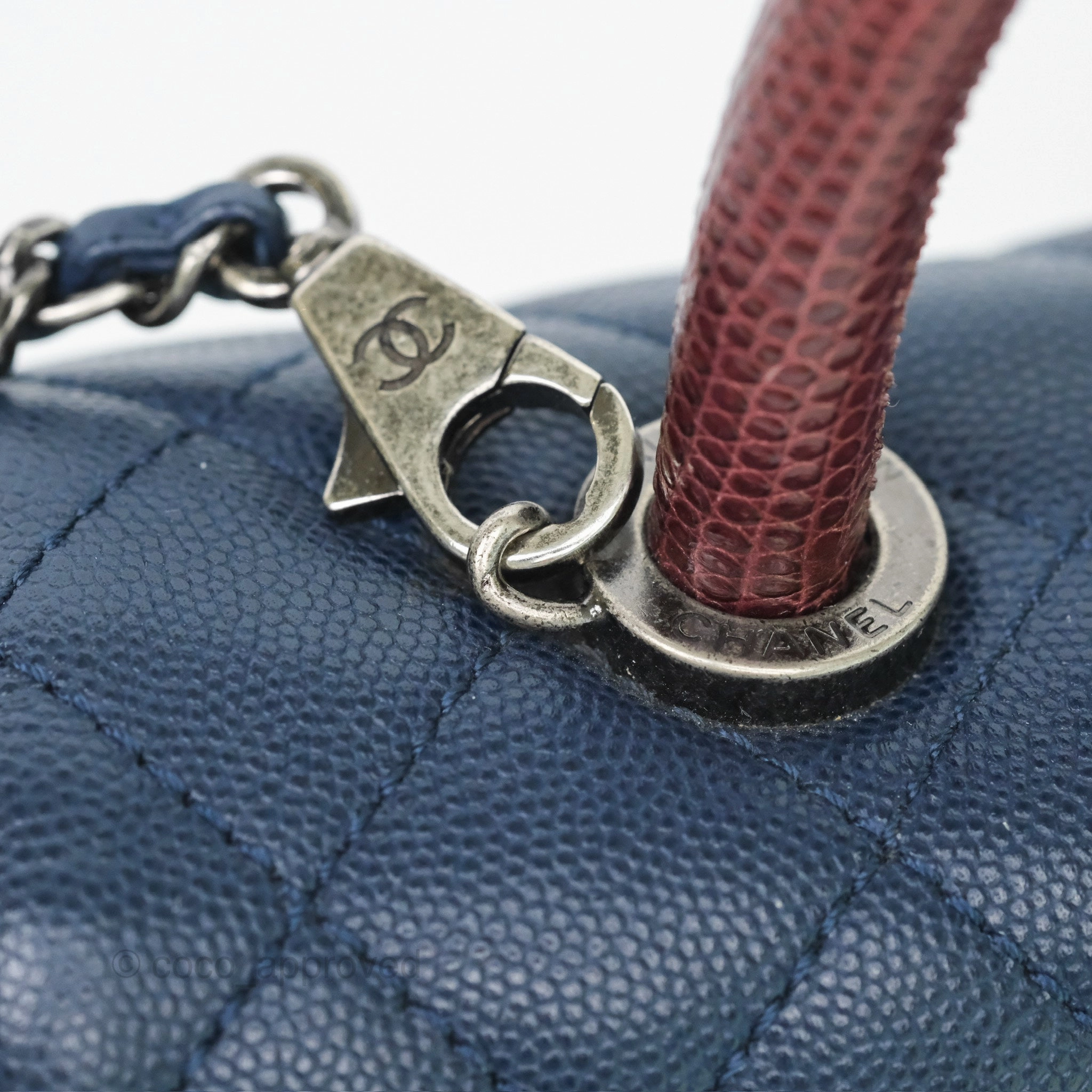 Chanel Small Coco Handle Navy Caviar Ruthenium Hardware Lizard Handle