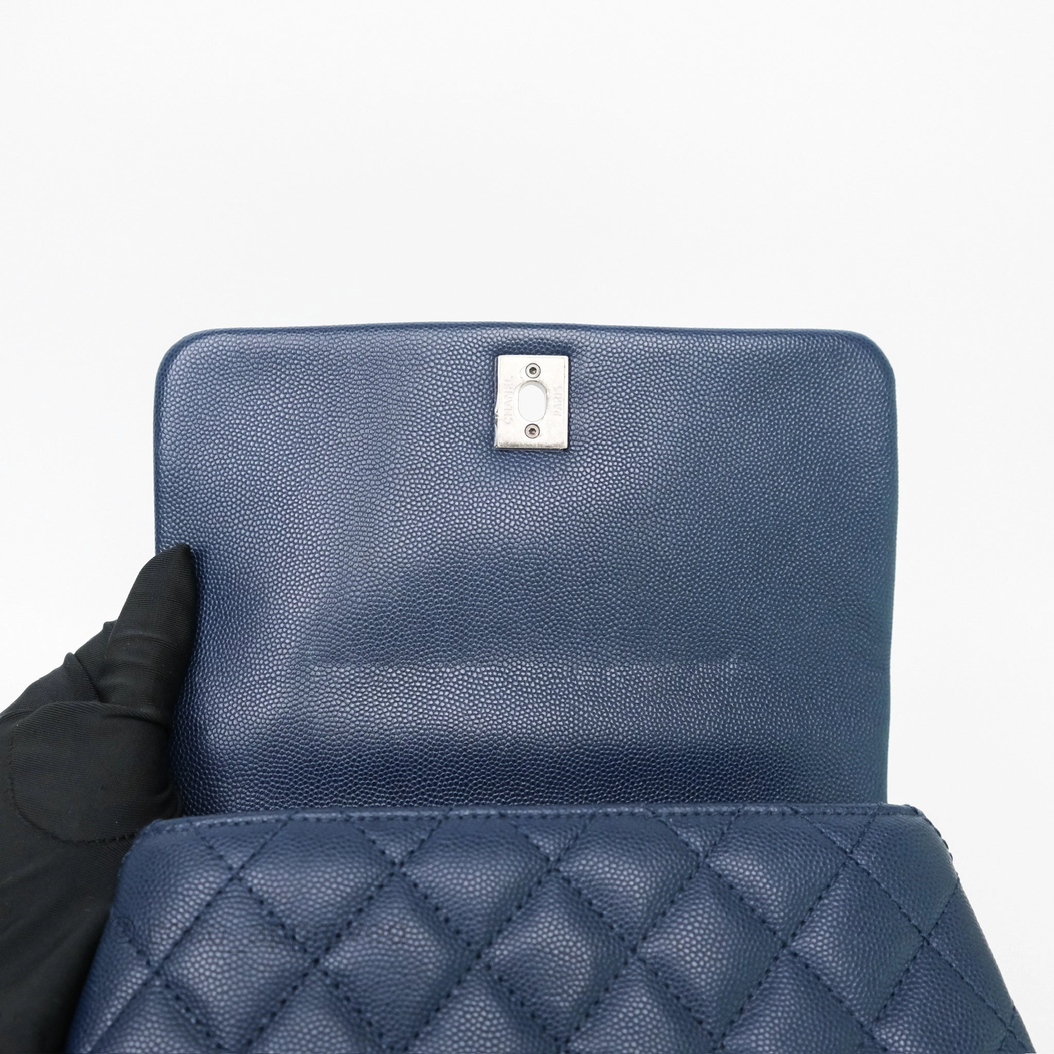 Chanel Small Coco Handle Navy Caviar Ruthenium Hardware Lizard Handle
