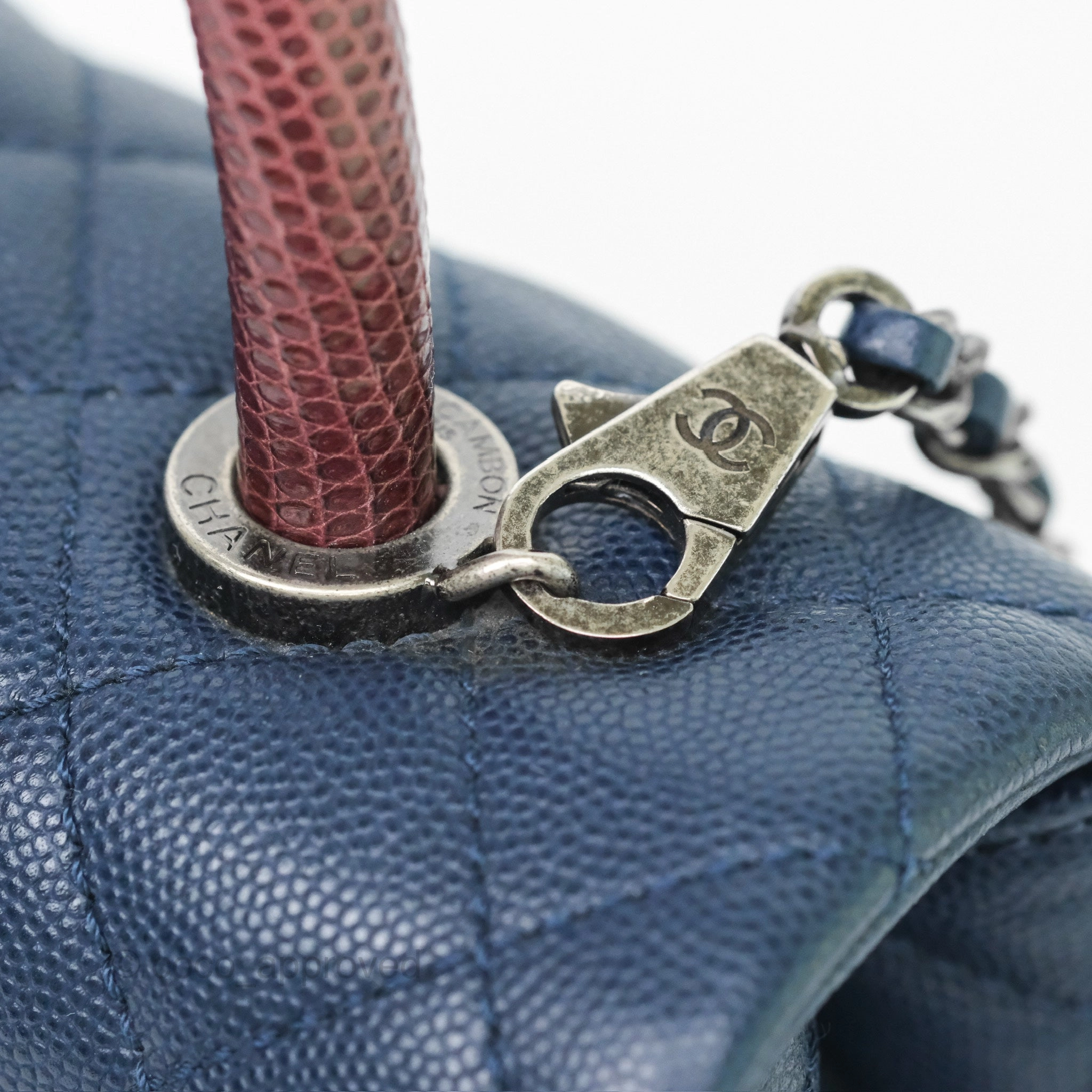 Chanel Small Coco Handle Navy Caviar Ruthenium Hardware Lizard Handle