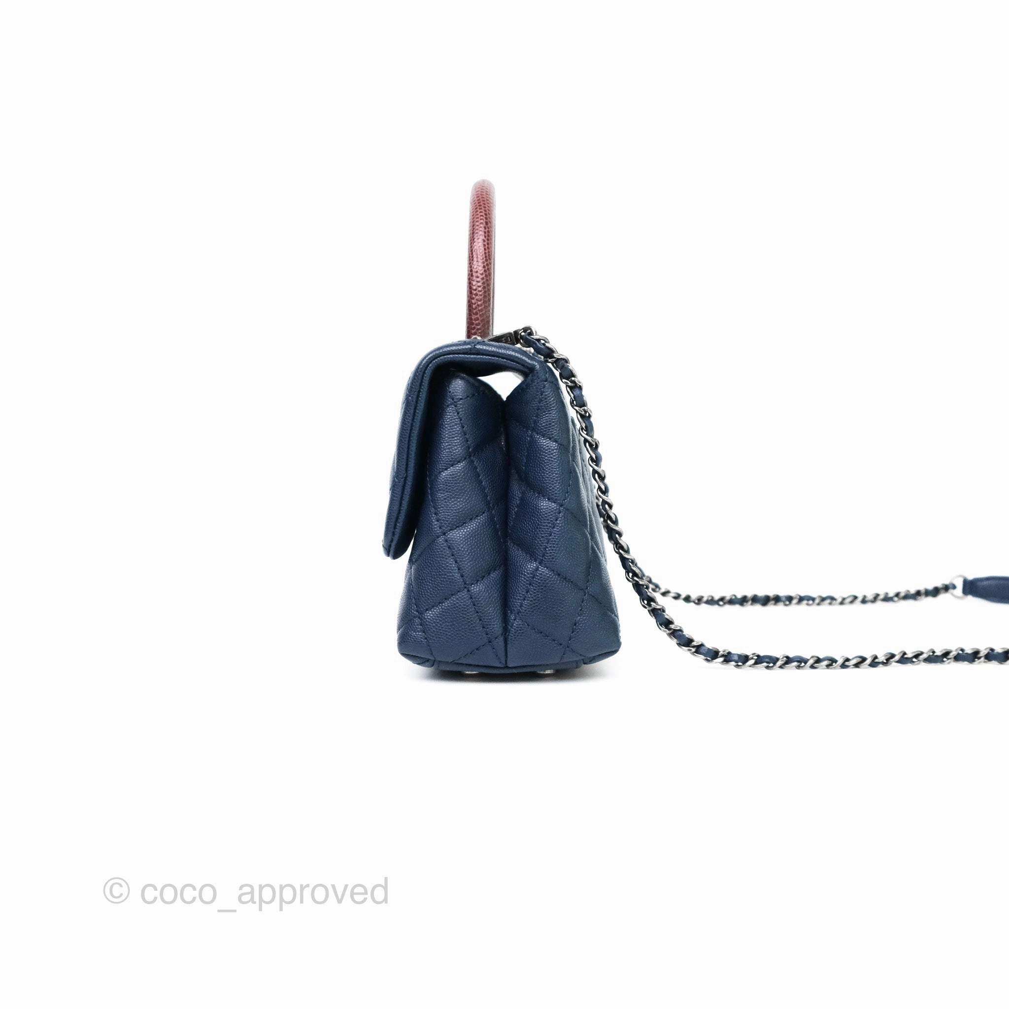 Chanel Small Coco Handle Navy Caviar Ruthenium Hardware Lizard Handle