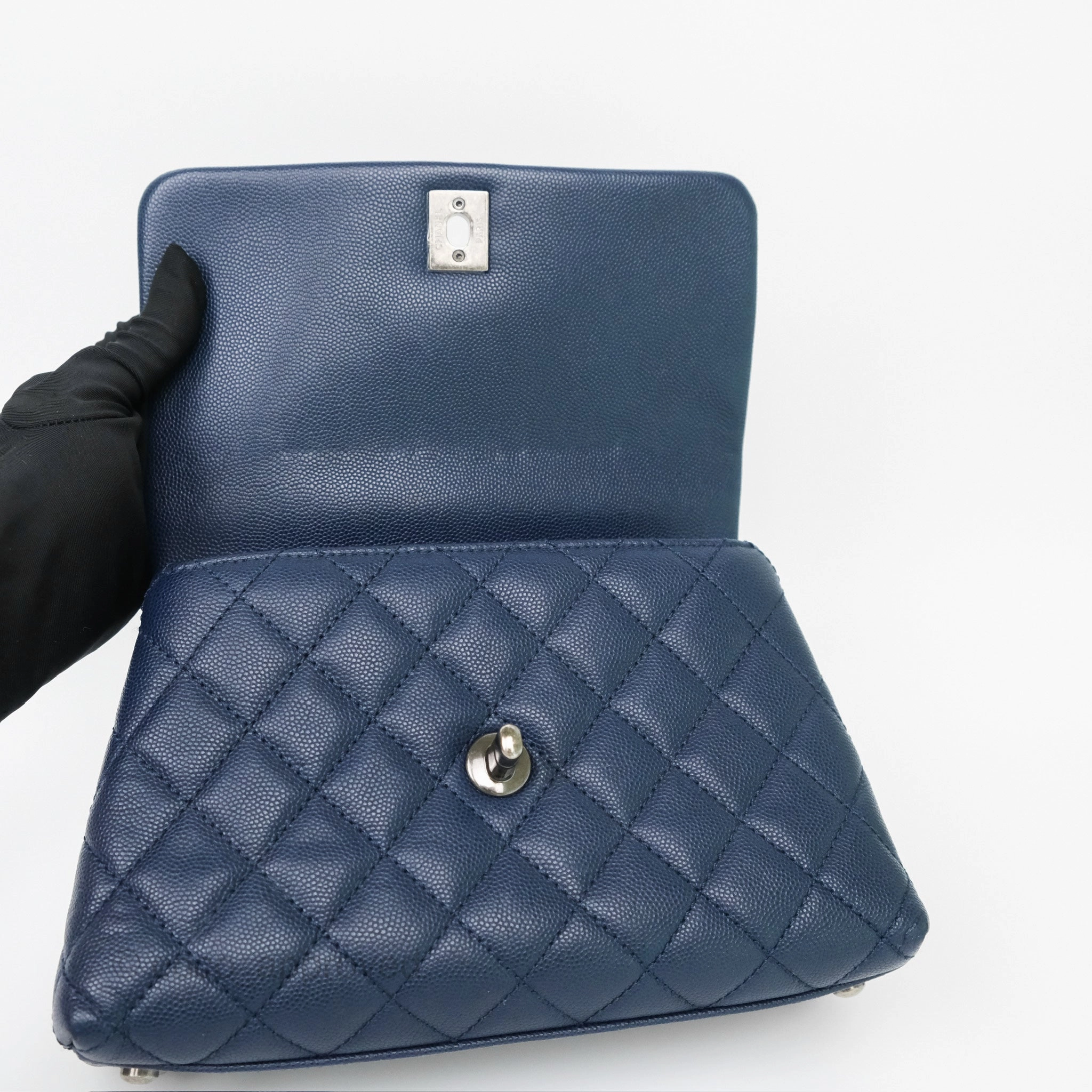 Chanel Small Coco Handle Navy Caviar Ruthenium Hardware Lizard Handle