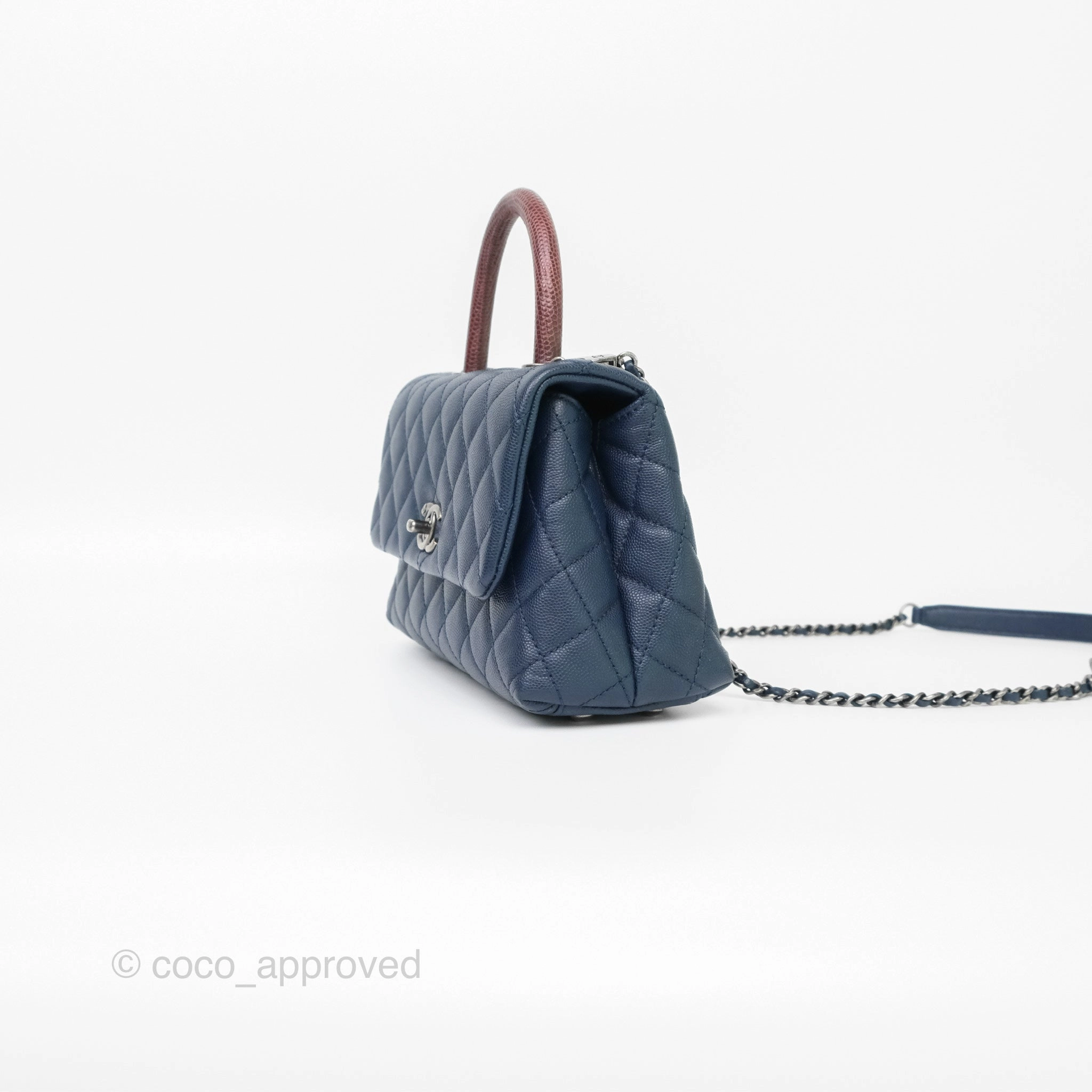 Chanel Small Coco Handle Navy Caviar Ruthenium Hardware Lizard Handle