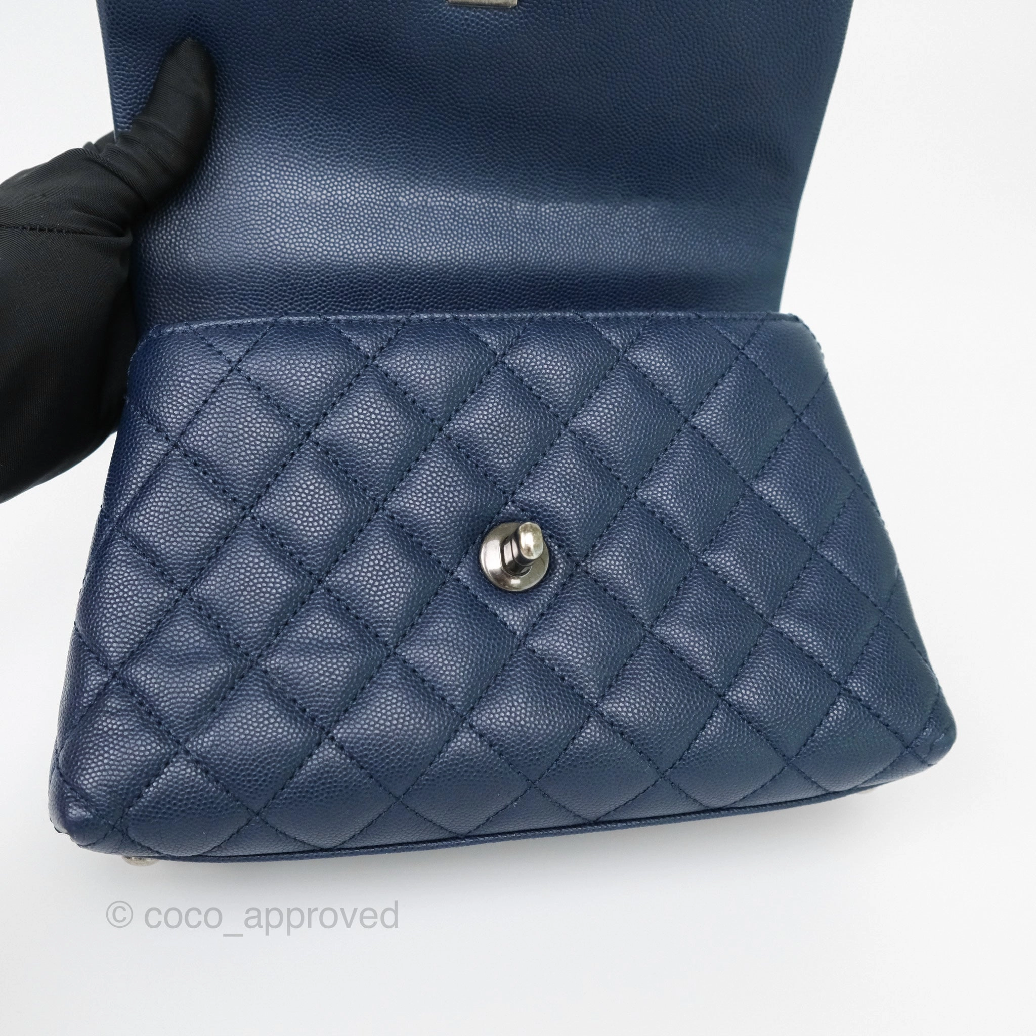 Chanel Small Coco Handle Navy Caviar Ruthenium Hardware Lizard Handle