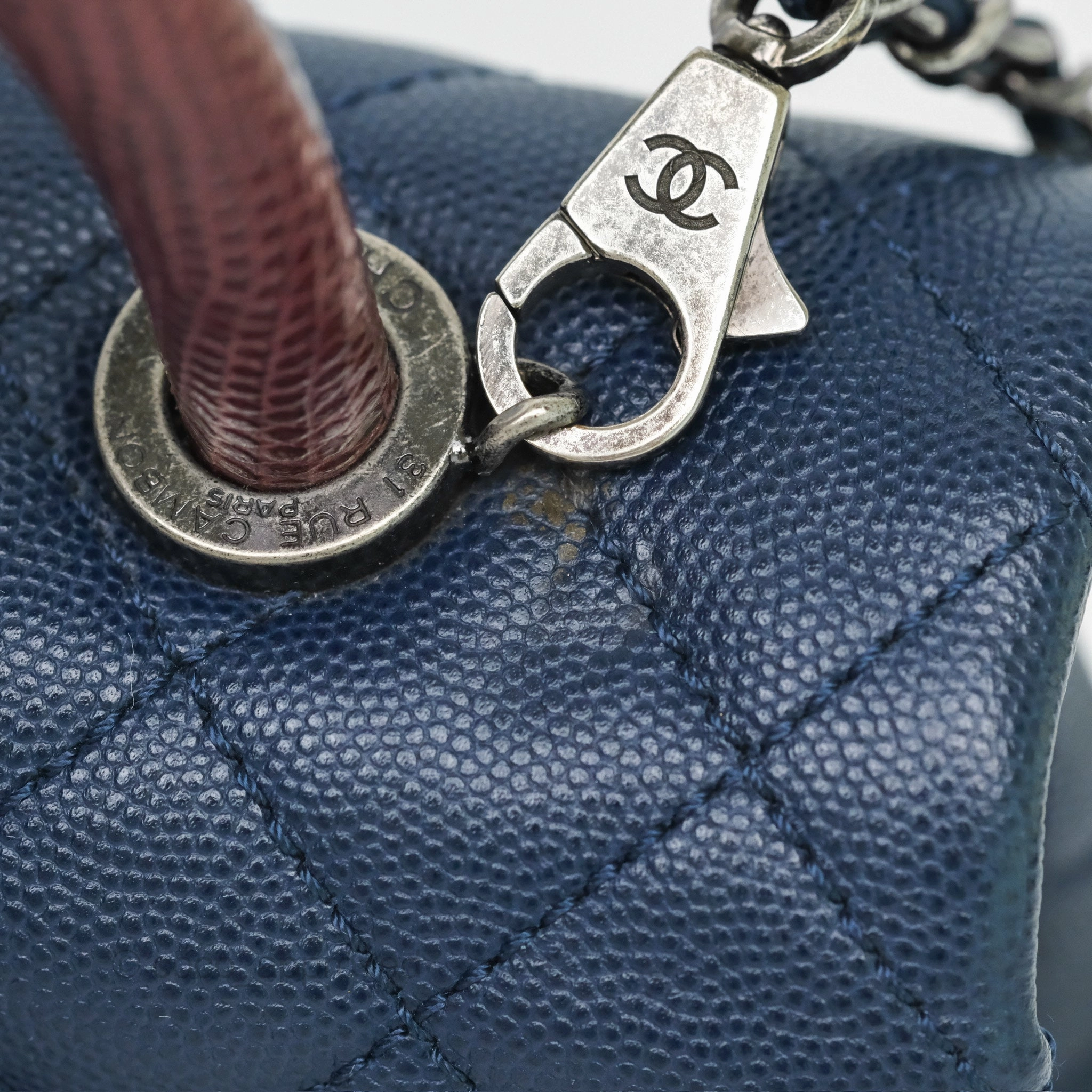 Chanel Small Coco Handle Navy Caviar Ruthenium Hardware Lizard Handle