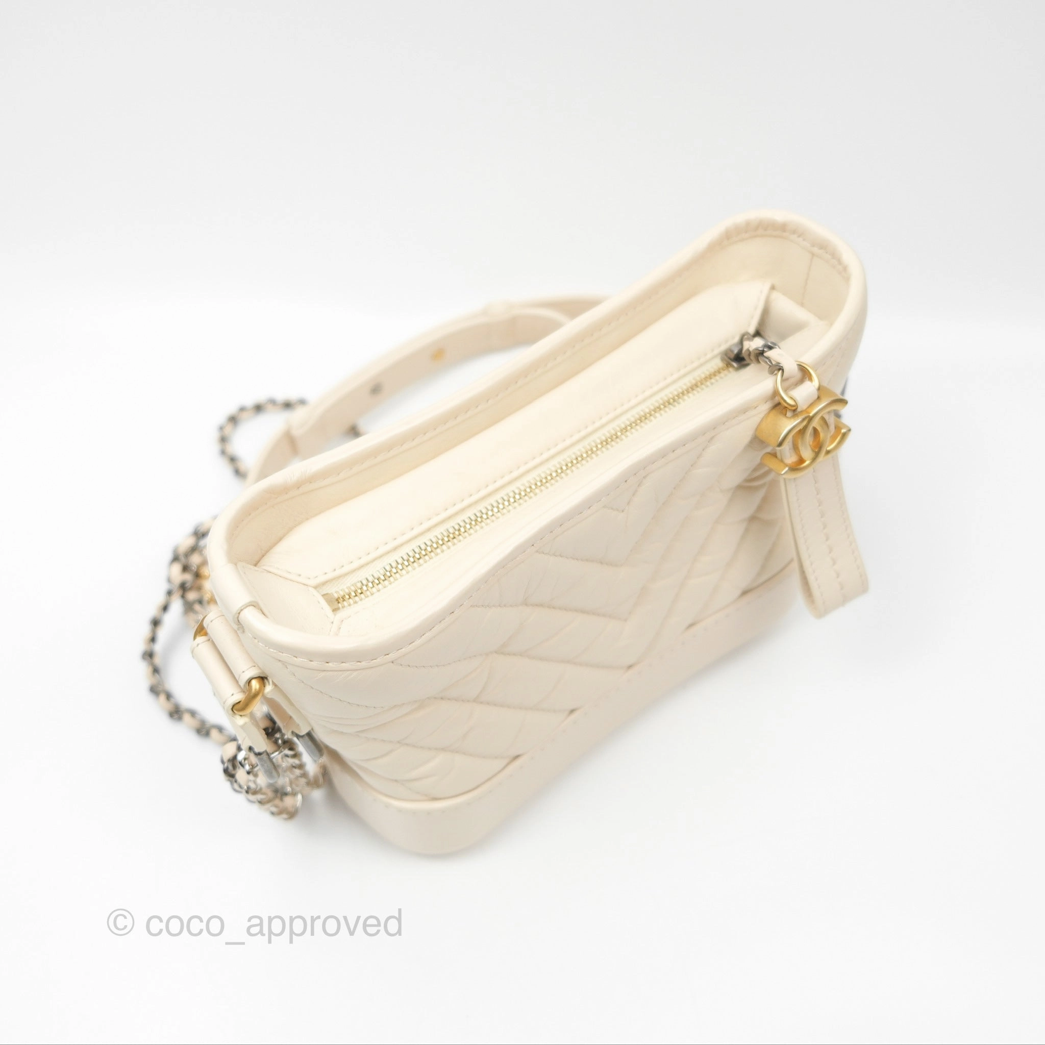Chanel Small Gabrielle Hobo Chevron Ivory Beige Aged Calfskin