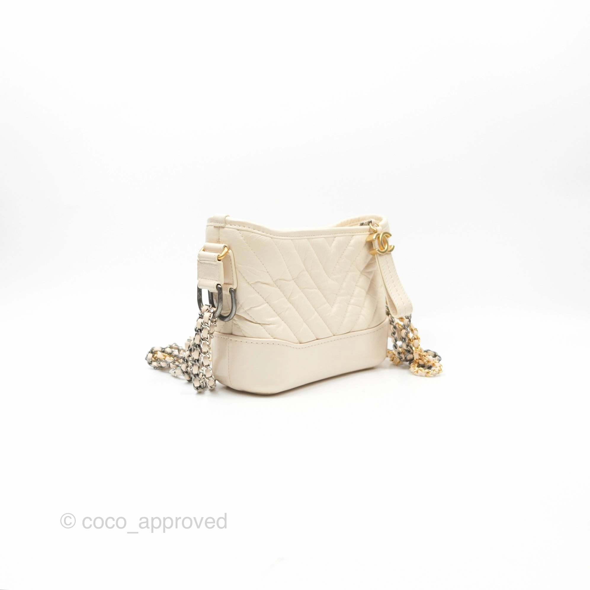 Chanel Small Gabrielle Hobo Chevron Ivory Beige Aged Calfskin