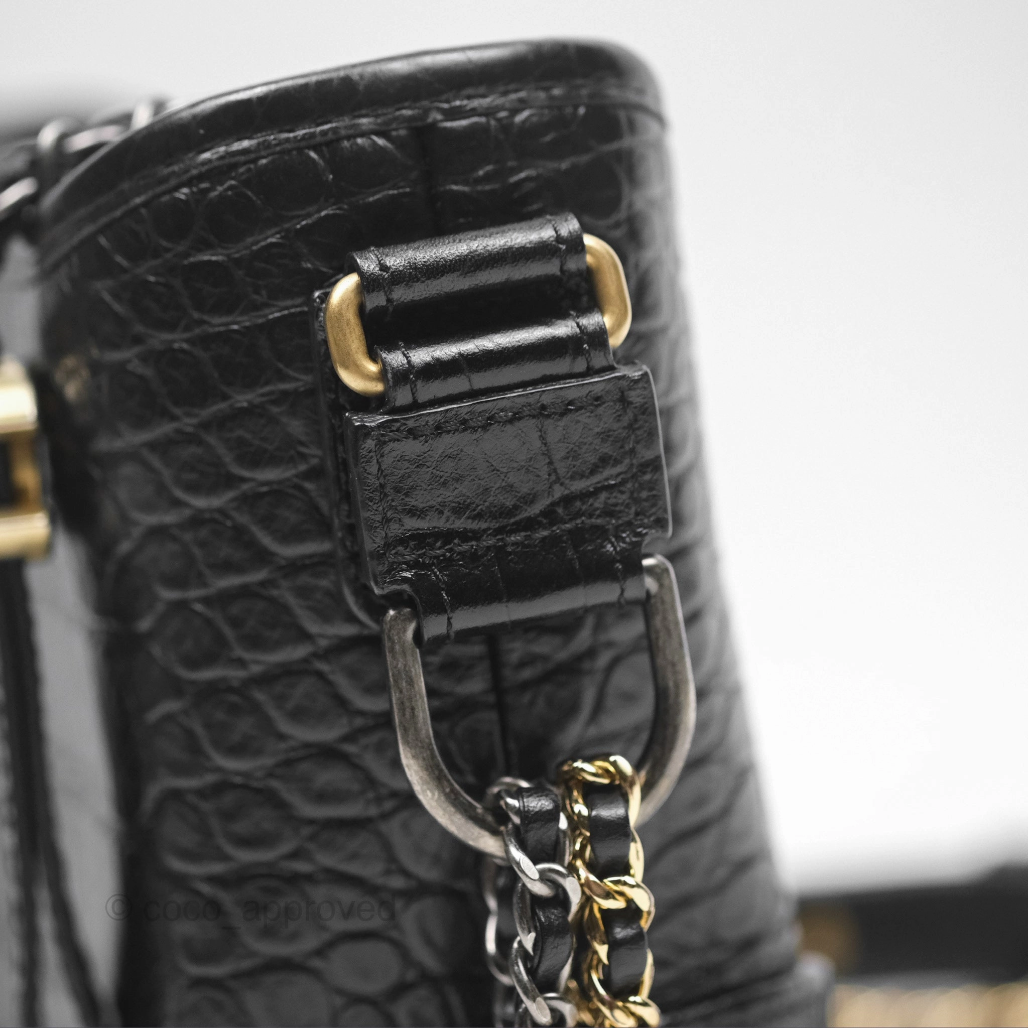 Chanel Small Gabrielle Hobo with Logo Handle Quilted Black Croc Embossed Calfskin