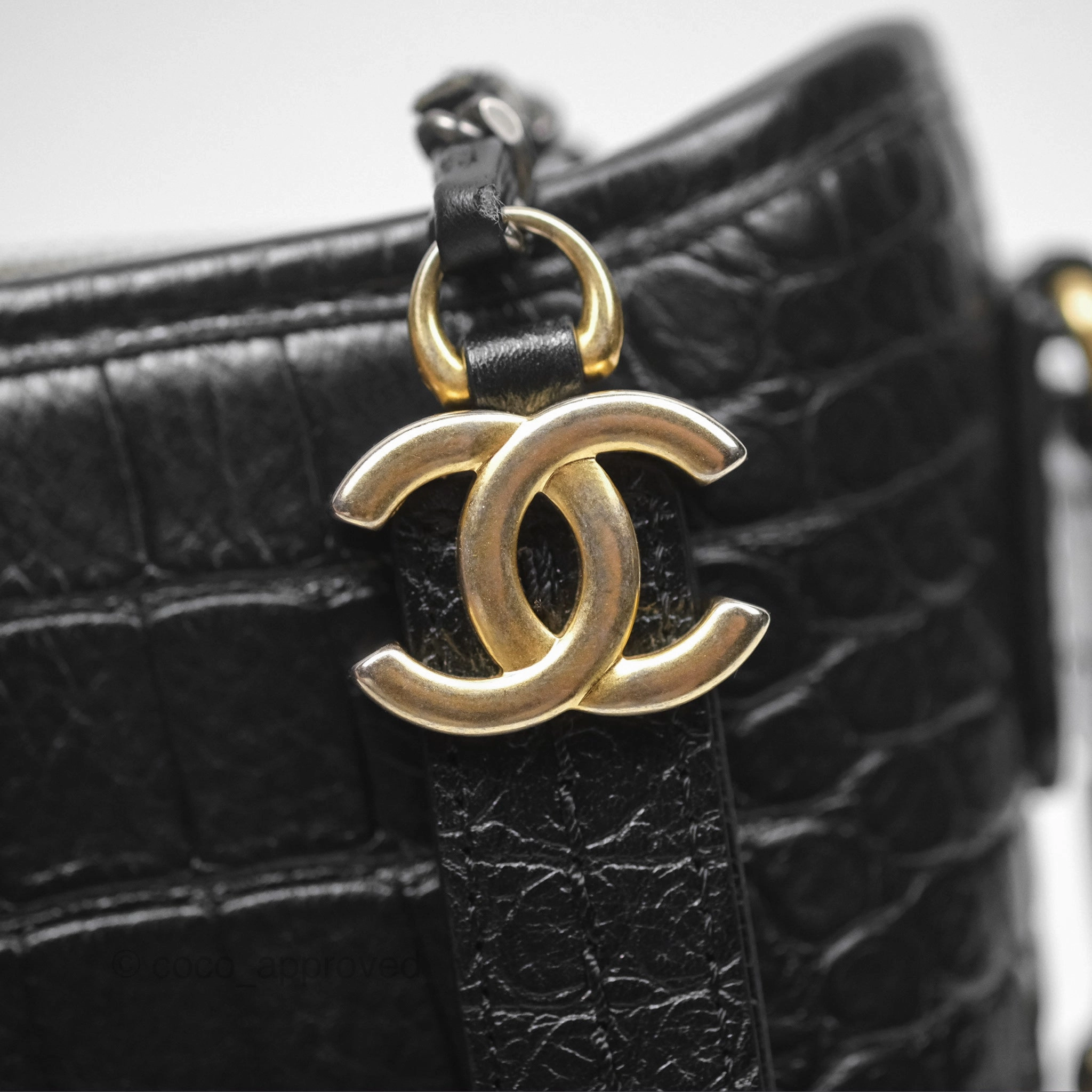 Chanel Small Gabrielle Hobo with Logo Handle Quilted Black Croc Embossed Calfskin