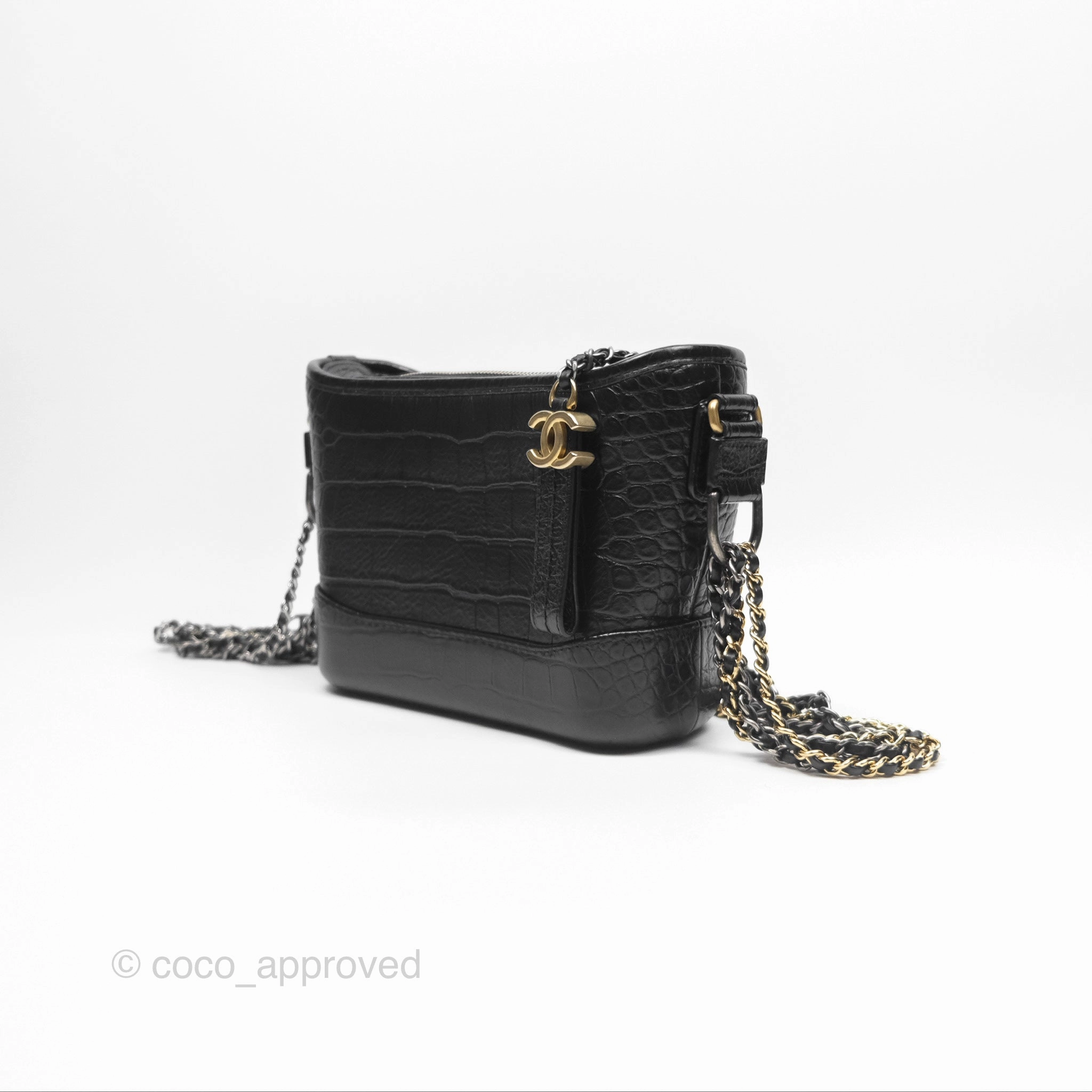 Chanel Small Gabrielle Hobo with Logo Handle Quilted Black Croc Embossed Calfskin