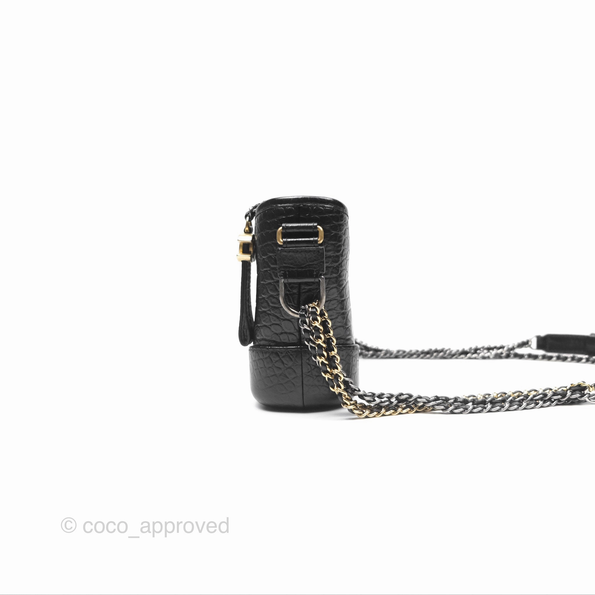Chanel Small Gabrielle Hobo with Logo Handle Quilted Black Croc Embossed Calfskin